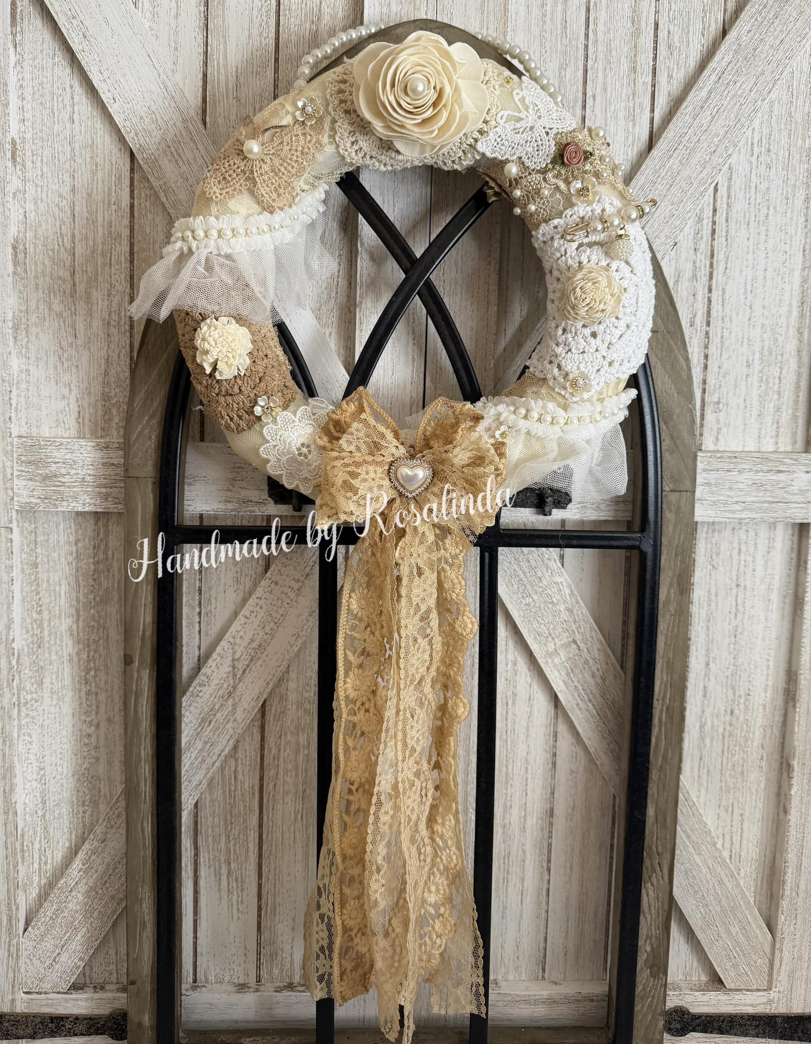 Vintage wreath made with coffee stained lace and pearls