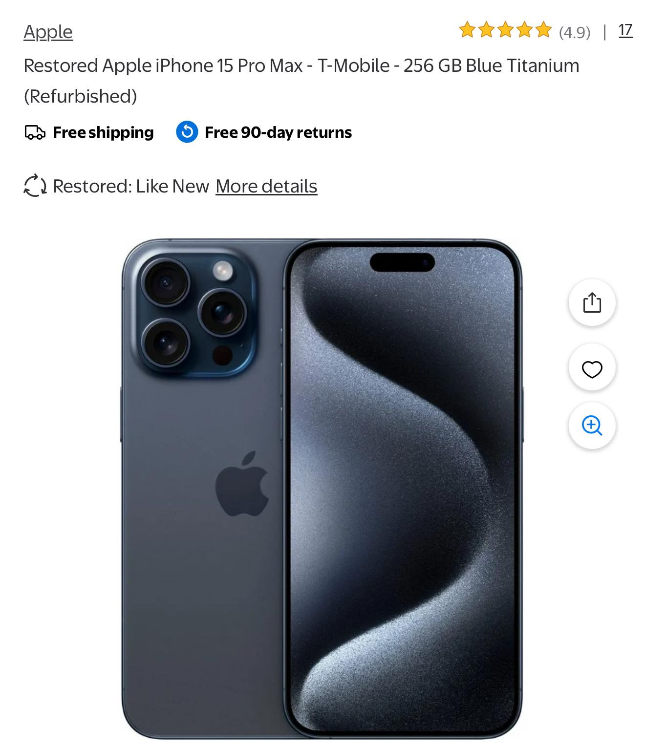 Restored Apple iPhone 15 Pro Max - T-Mobile - 256 GB Blue Titanium