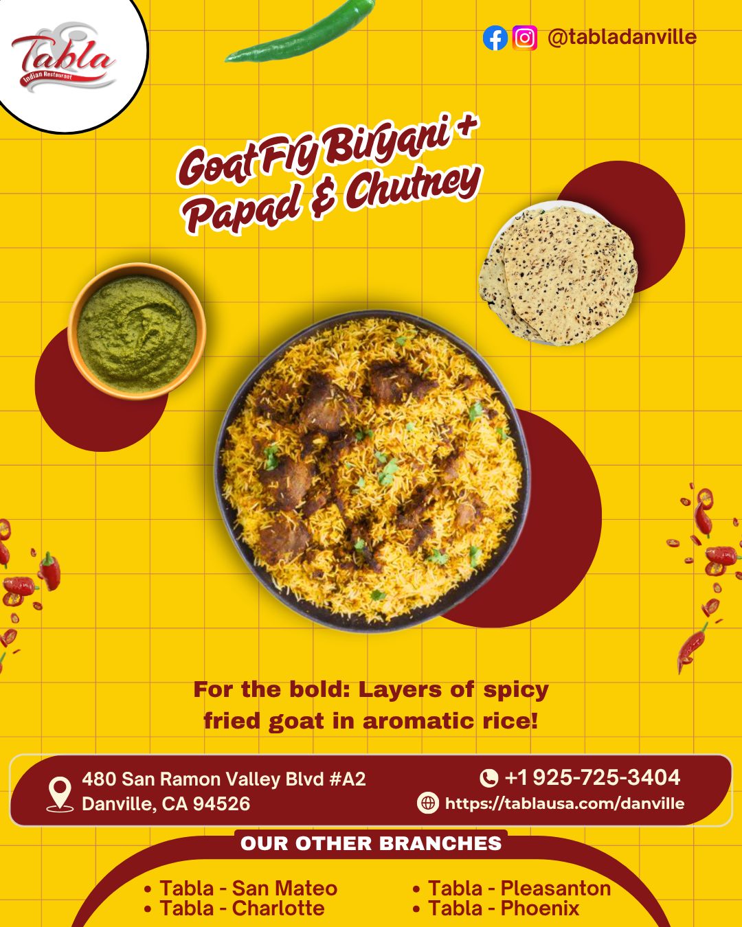 Tabla - 🍖🍚 Goat Fry Biryani + Spicy Chutney 🔥 Bold Flavors. Slow-Cooked ...