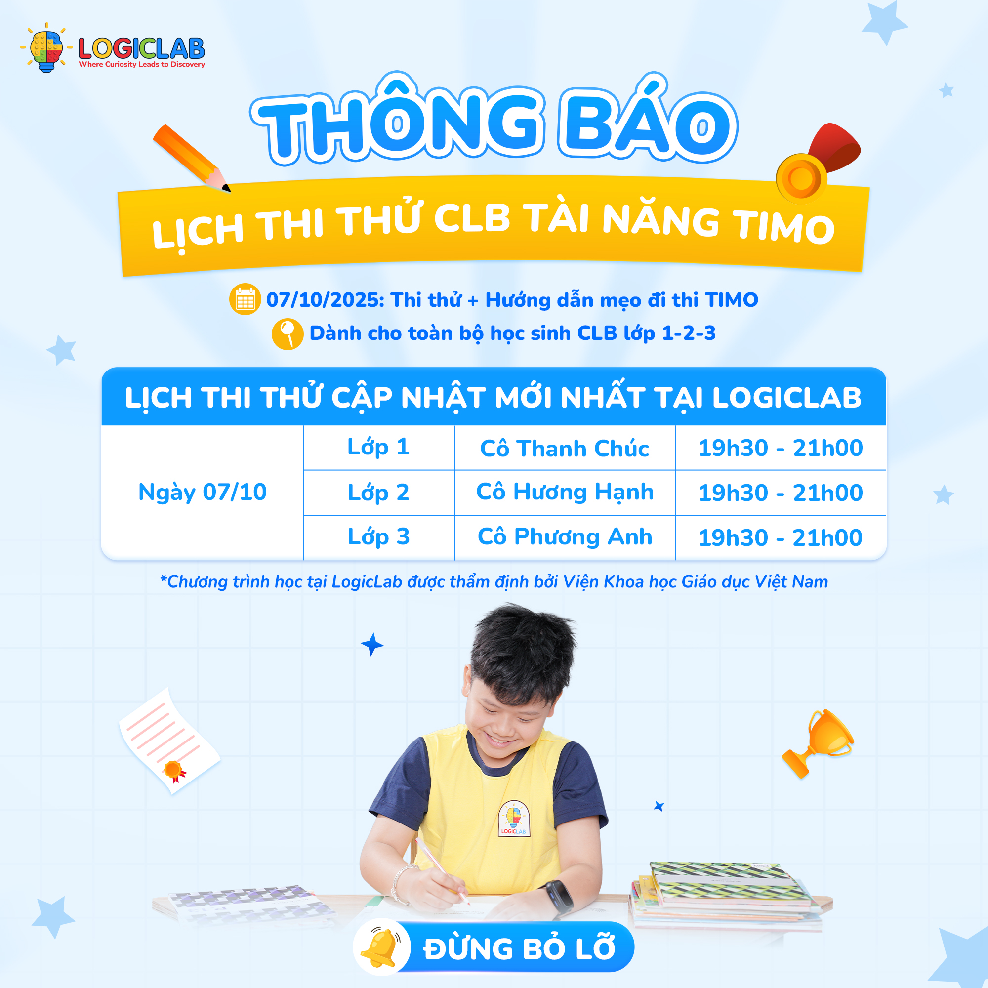 Logic Lab - 📣THÔNG BÁO LỊCH THI THỬ CLB TÀI NĂNG TIMO... | Facebook