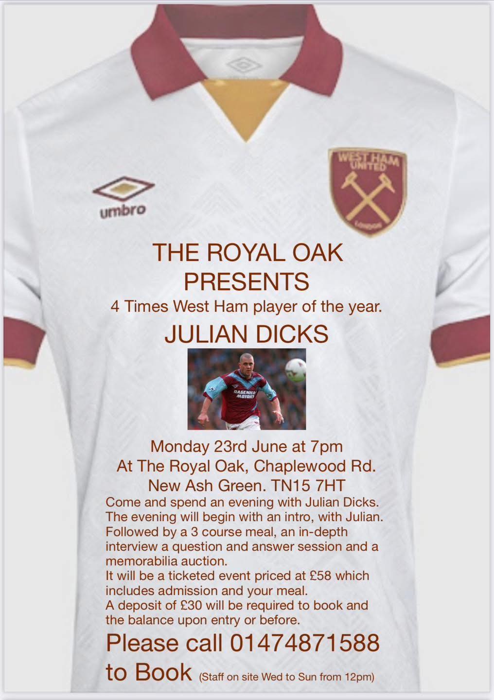 Photo A3 Signée Julian Dicks West Ham United - Carte Originale Certifiée Non Encadrée