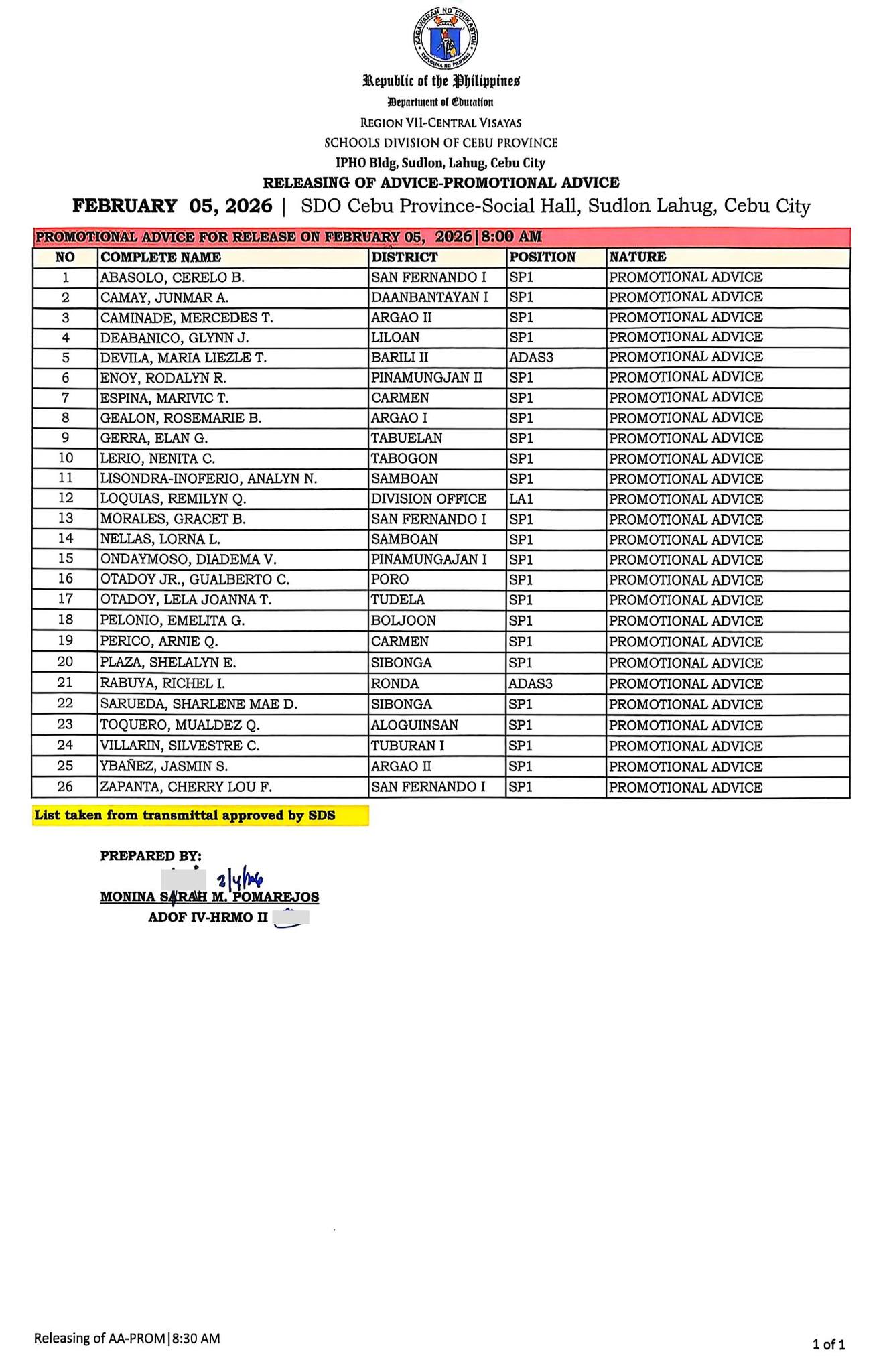 DepEd - FYI. Updated List of Promotional Advice for release on February ...