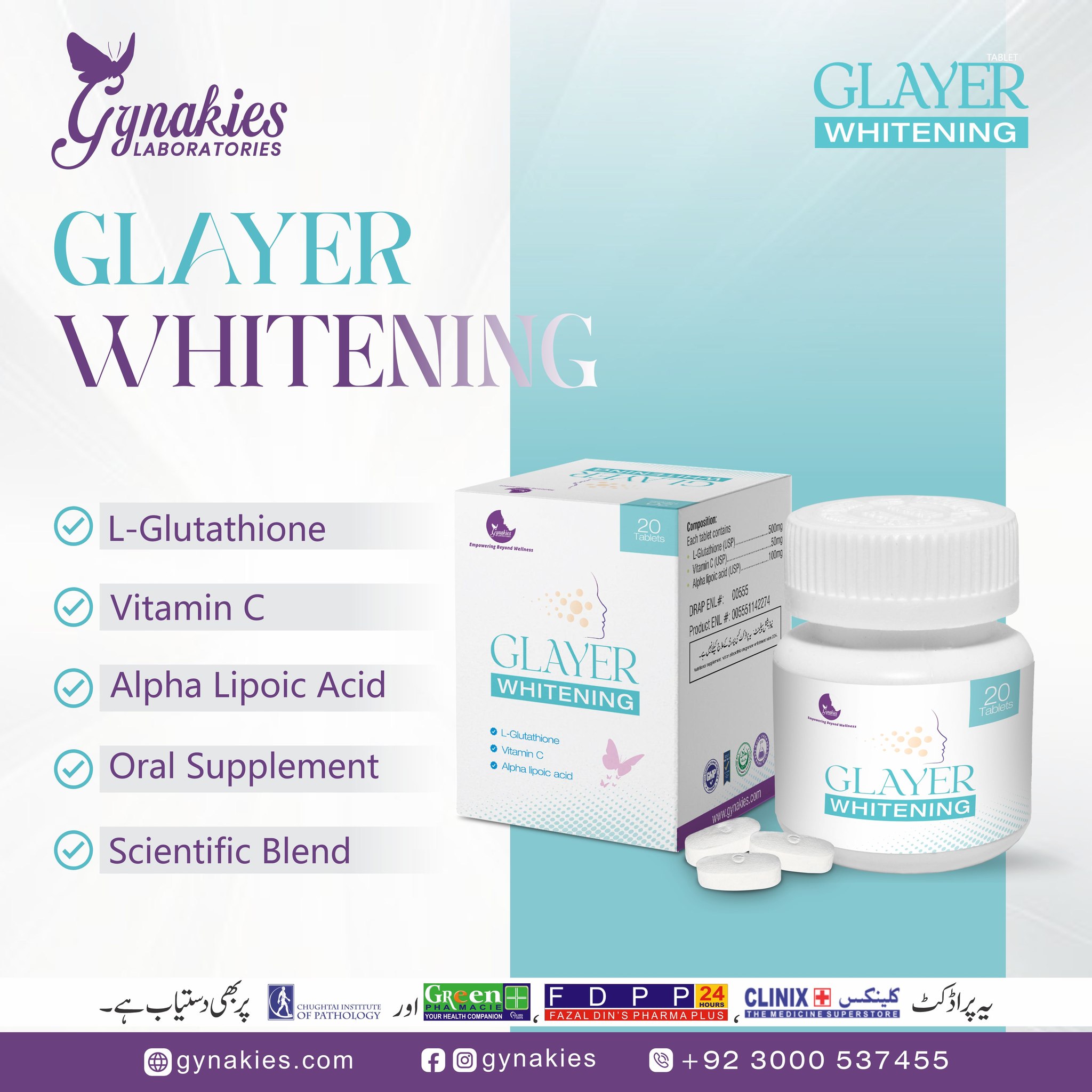 Glow Smarter. Shine Naturally. ✨ Reveal your natural radiance with Glayer Whitening Tablets by Gynakies Laboratories. Powered by a scientifically formulated blend of L-Glutathione, Vitamin C, and Alpha Lipoic Acid, Glayer Whitening