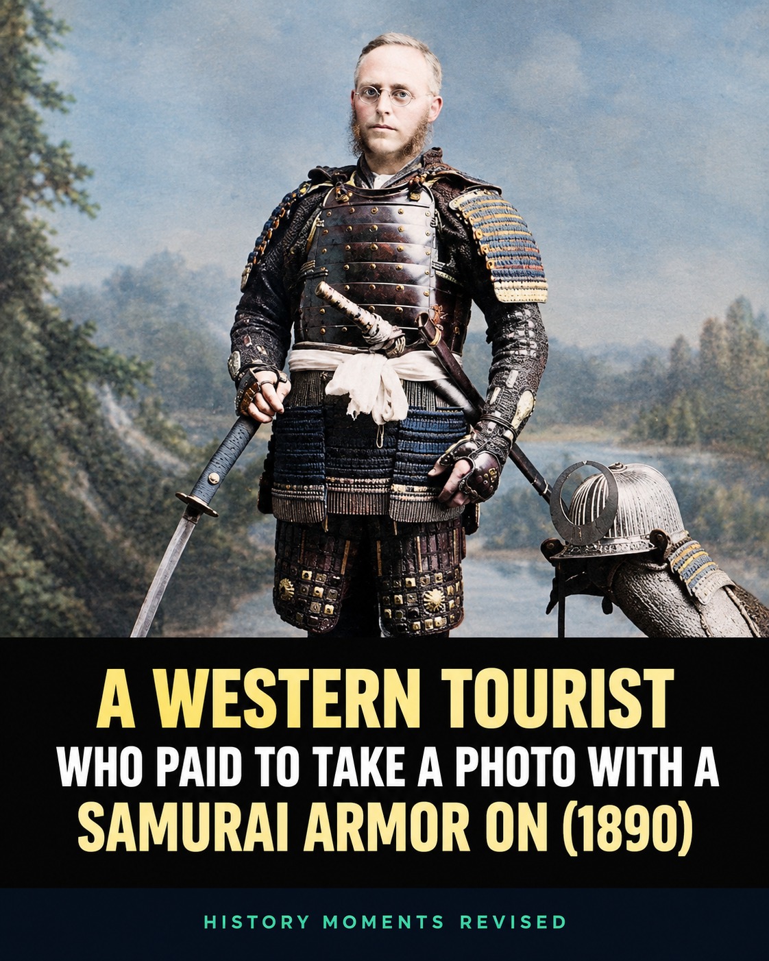 A western tourist who paid to take a photo with Samurai armor on