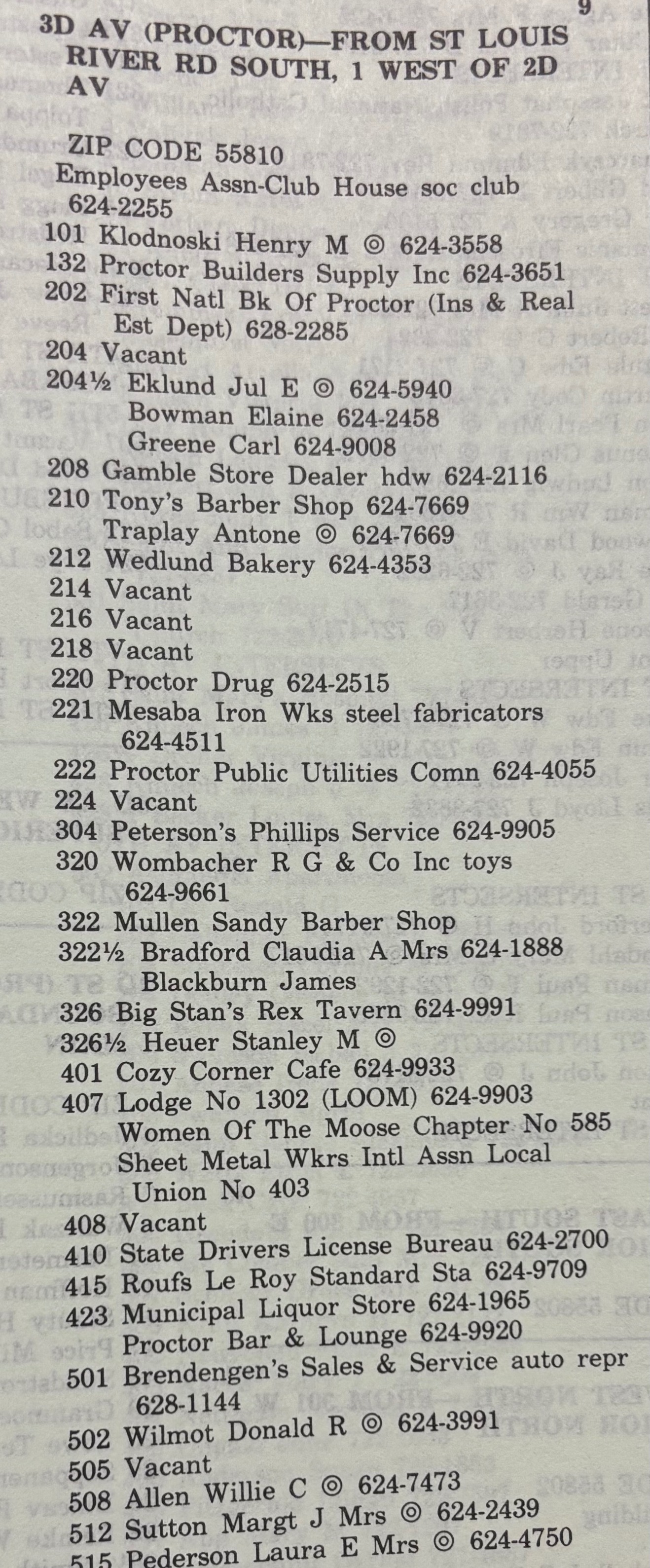 1970 list of businesses on Proctor, MN's Third Avenue