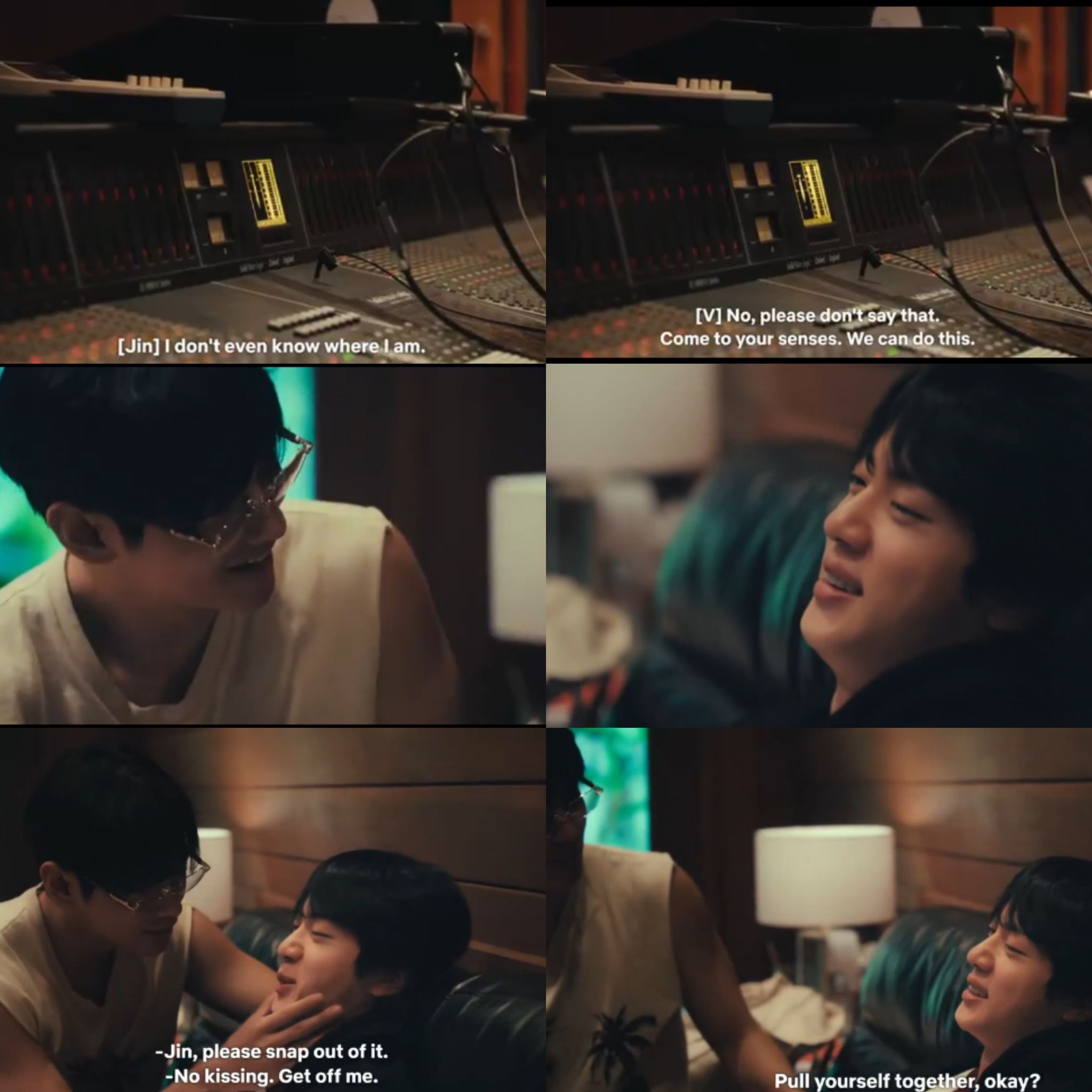 BTS members Jin and V share a tender moment in the recording studio