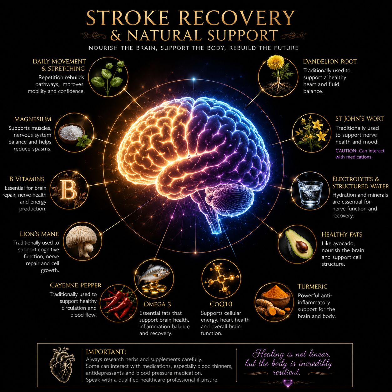 What vitamins and supplements do stroke survivors need to take to support brain repair and systemic healing?