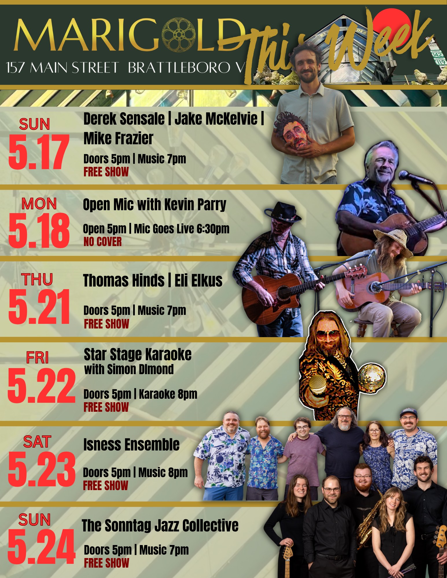 Live music events in downtown Brattleboro at Marigold