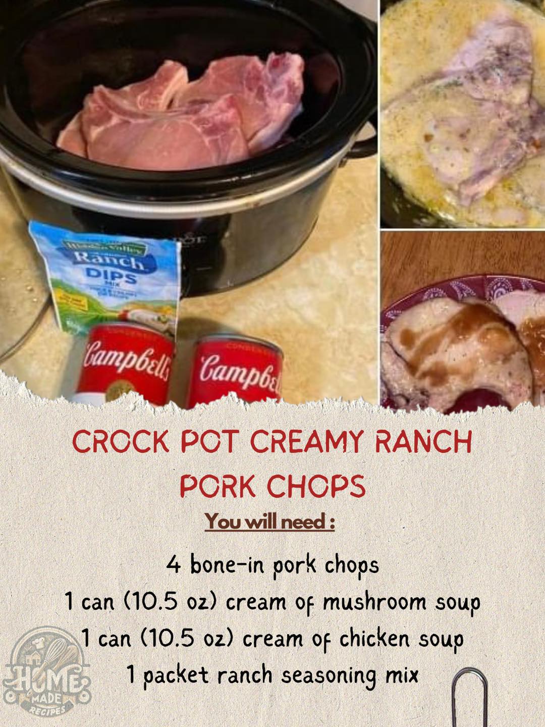 Crockpot Recipe for Ranch Seasoned Pork Chops with Cream of Mushroom Soup