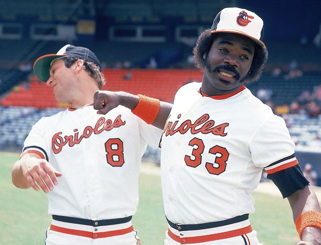 Eddie Murray and Cal Ripken Jr. celebrate winning the 1983 World