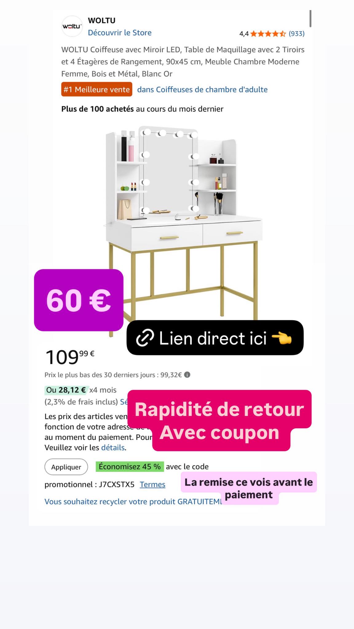 Coiffeuse Miroir LED Woltu - 2 Tiroirs + 4 Étages - 90x45cm - Bois Et Métal Blanc Or - Moderne