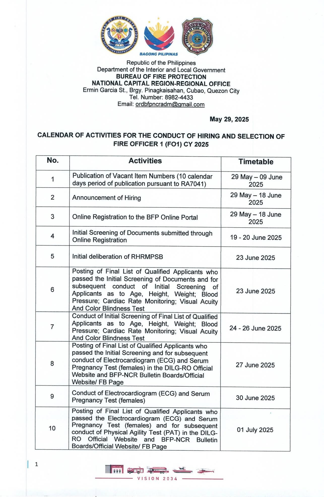 BFP NCR - CALENDAR OF ACTIVITIES FOR THE CONDUCT OF HIRING... | Facebook