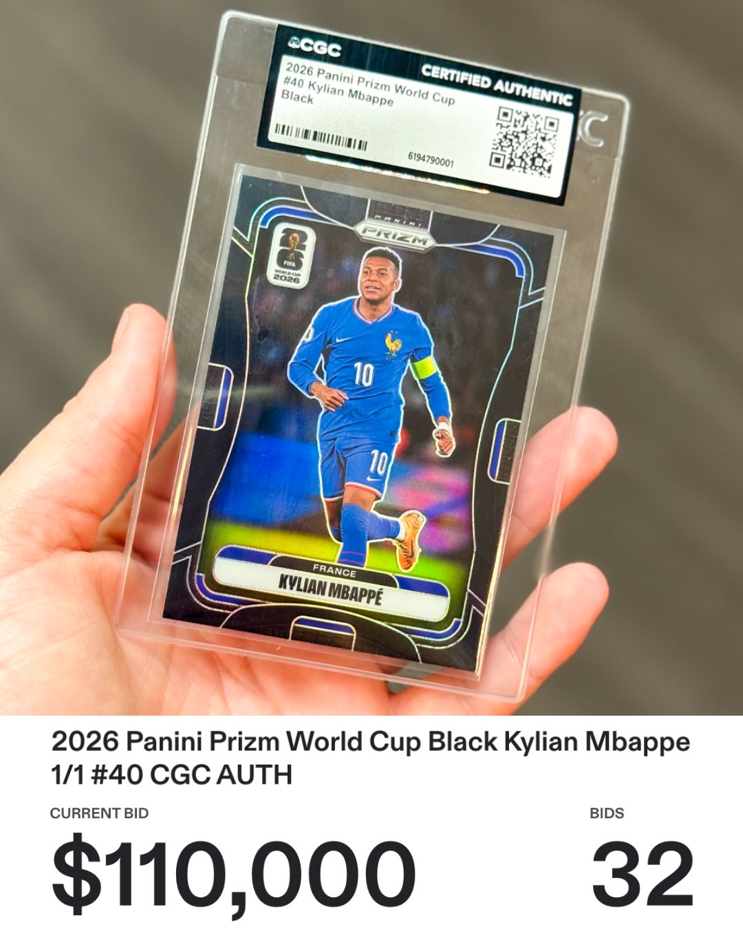 This 1/1 Kylian Mbappé trading card just sold for $26,700 on