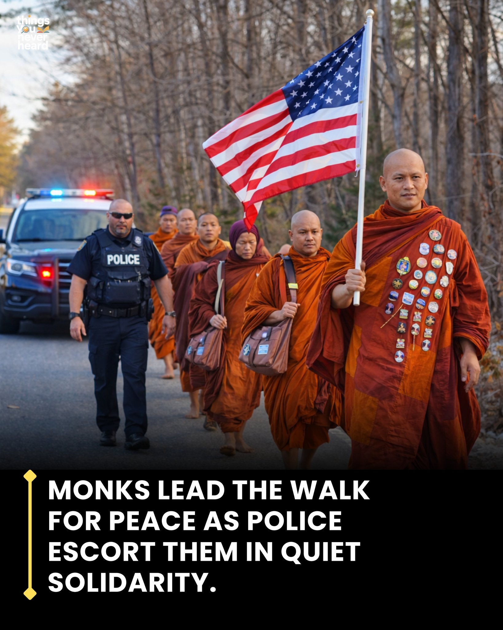 Things - A line of monks walks barefoot down a quiet road, robes moving ...