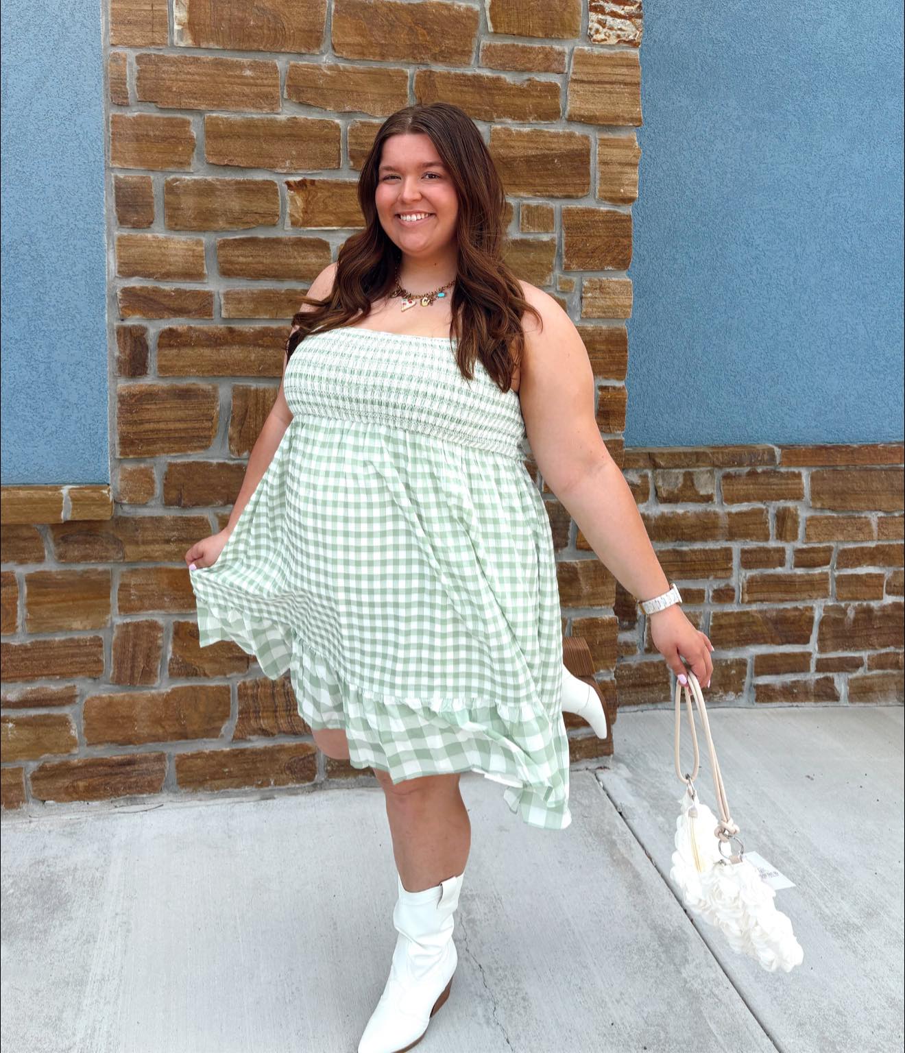green dress with white boots gingham cowgirl for country concert SID-EP54184