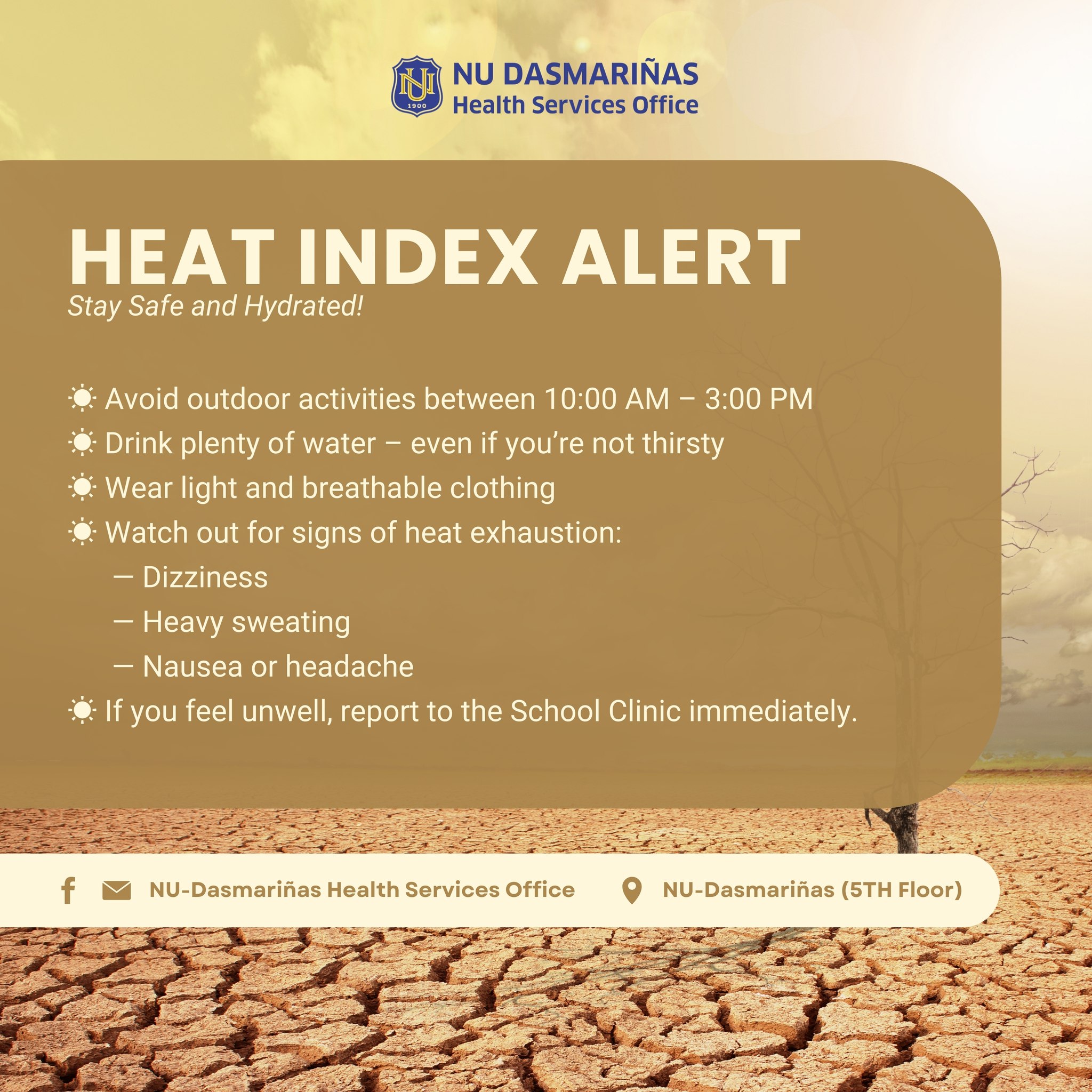 NU Dasmariñas - ⚠️ 𝗛𝗘𝗔𝗧 𝗜𝗡𝗗𝗘𝗫 𝗔𝗟𝗘𝗥𝗧! 𝗛𝗼𝘁 𝘄𝗲𝗮𝘁𝗵𝗲𝗿 = 𝗲𝘅𝘁𝗿𝗮... | Facebook