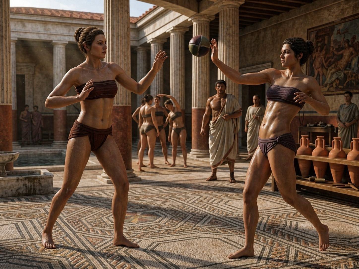 Ancient Roman women playing harpastum ball game