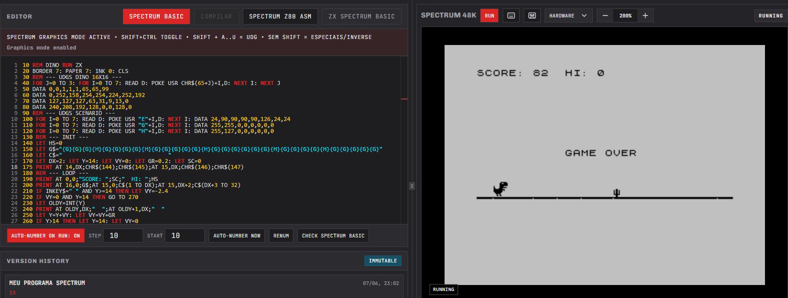 Dino run game in Sinclair Basic on ZX Spectrum