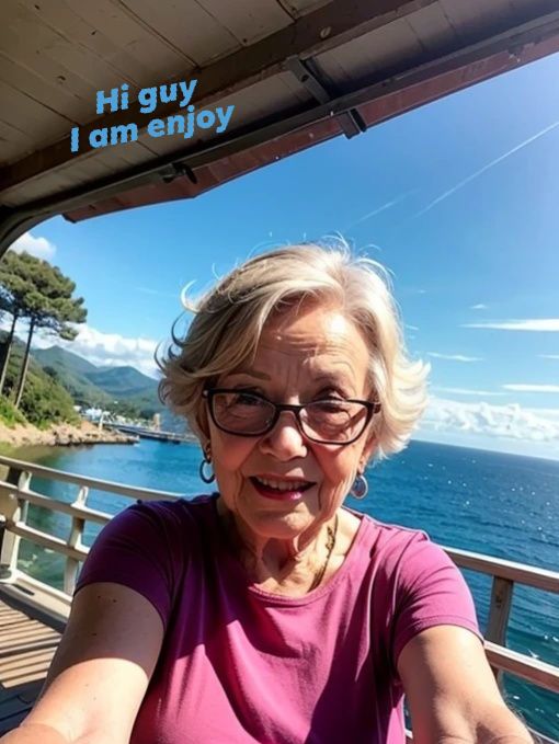 Graceful - An elderly woman smiles while taking a selfie on a wooden ...