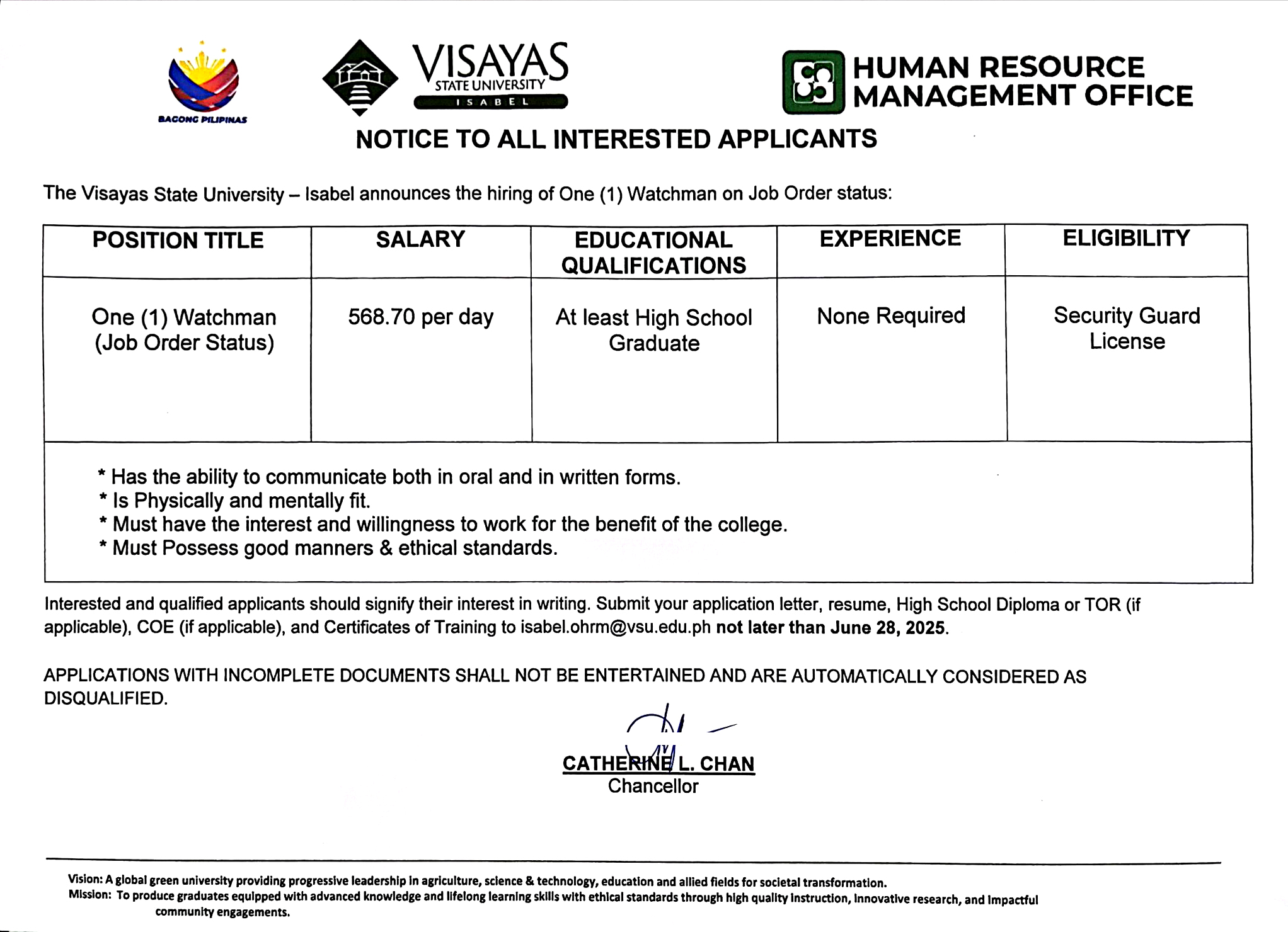 Visayas - #JobsAtVSUIsabel | VSU Isabel wishes to inform the public of ...