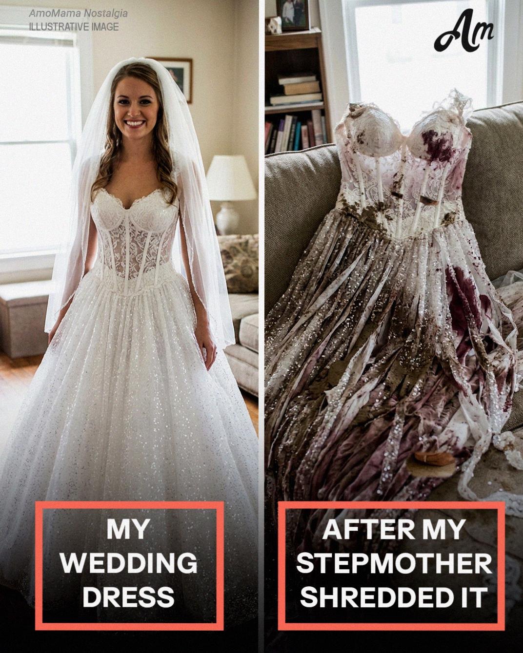 I wore my late mom's wedding gown after my stepmom shredded mine — but karma caught up with her when AN ENVELOPE FELL OUT OF THE LINING. I'm 28F. Call me