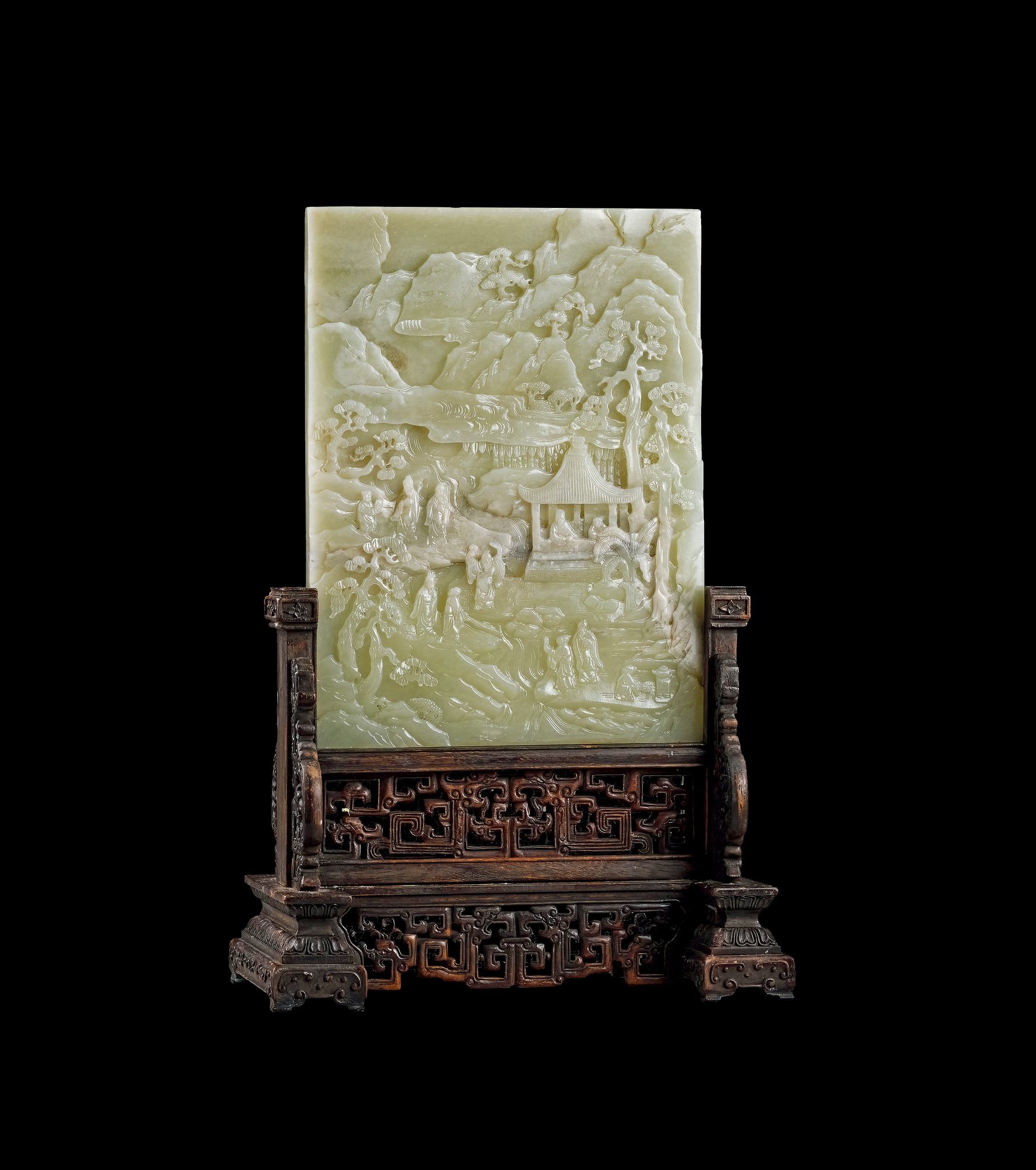 圓藝術 - 1216 清代 玉雕描金松柏高仕圖插屏 Qing Dynasty JADE INSERT SCREEN WITH PINE AND ...
