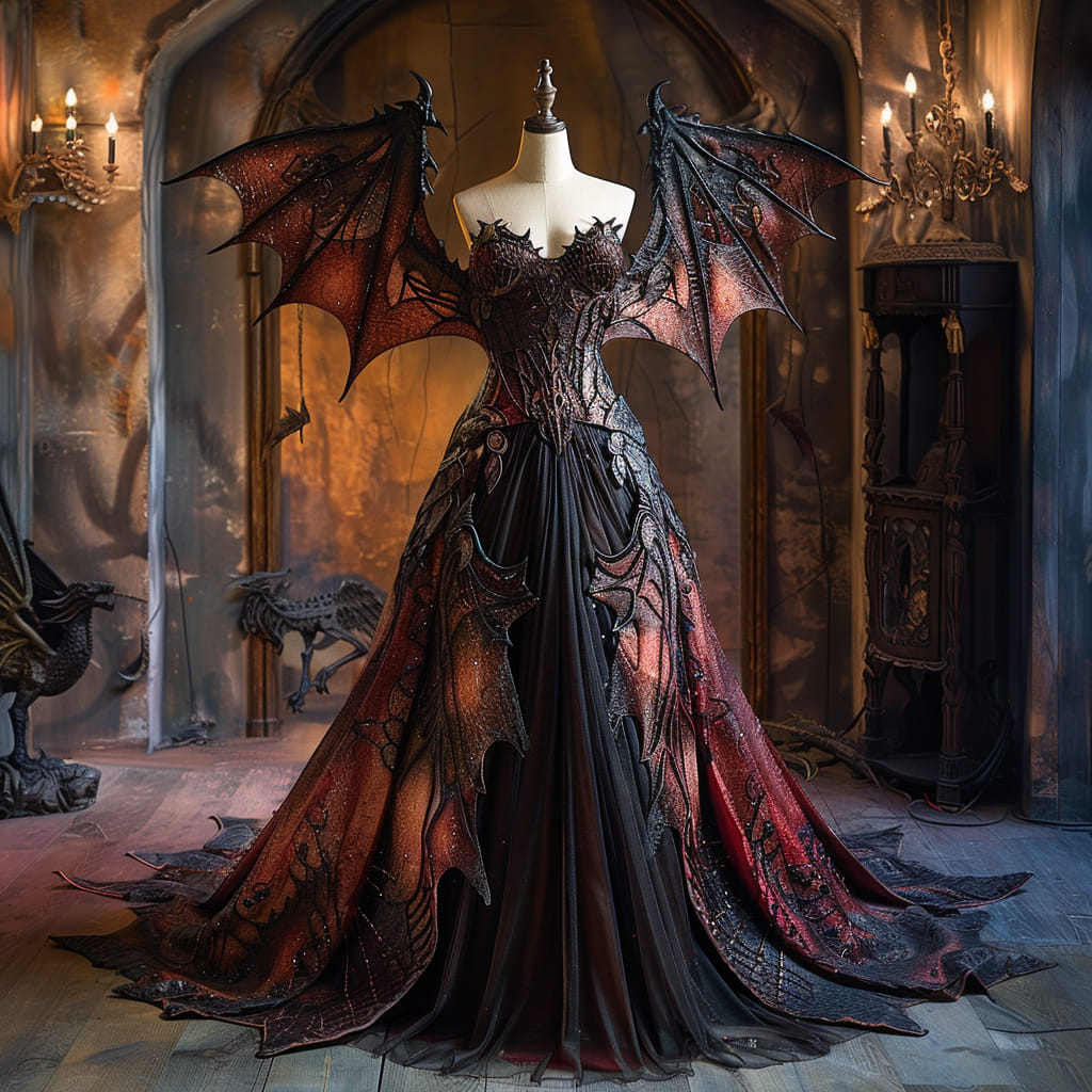 VIVIENNE TAM Red Lace Dress with Gold Dragon Embroidery