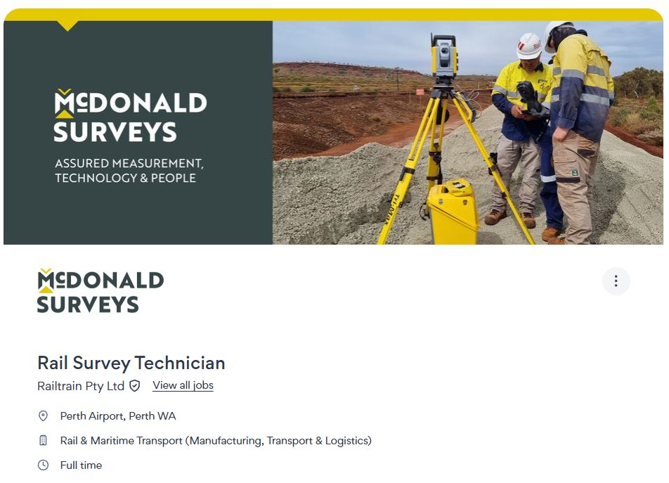 FIFO - 🚨 RAIL SURVEY TECHNICIAN | RAILTRAIN PTY LTD | ENTRY LEVEL ...