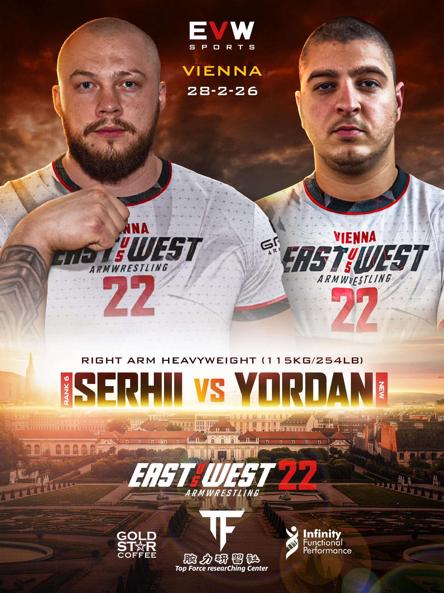 Serhii Kalinichenko vs Yordan Tsonev Vienna, Austria February 28th East vs West 22 Right arm heavyweight clash 115 kg 254 lb One comes in ranked, proven at the
