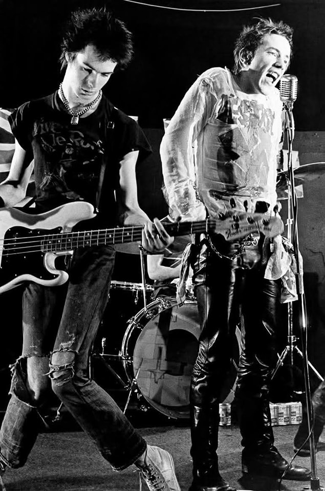 Sid Vicious and Johnny Rotten of the Sex Pistols on stage at the