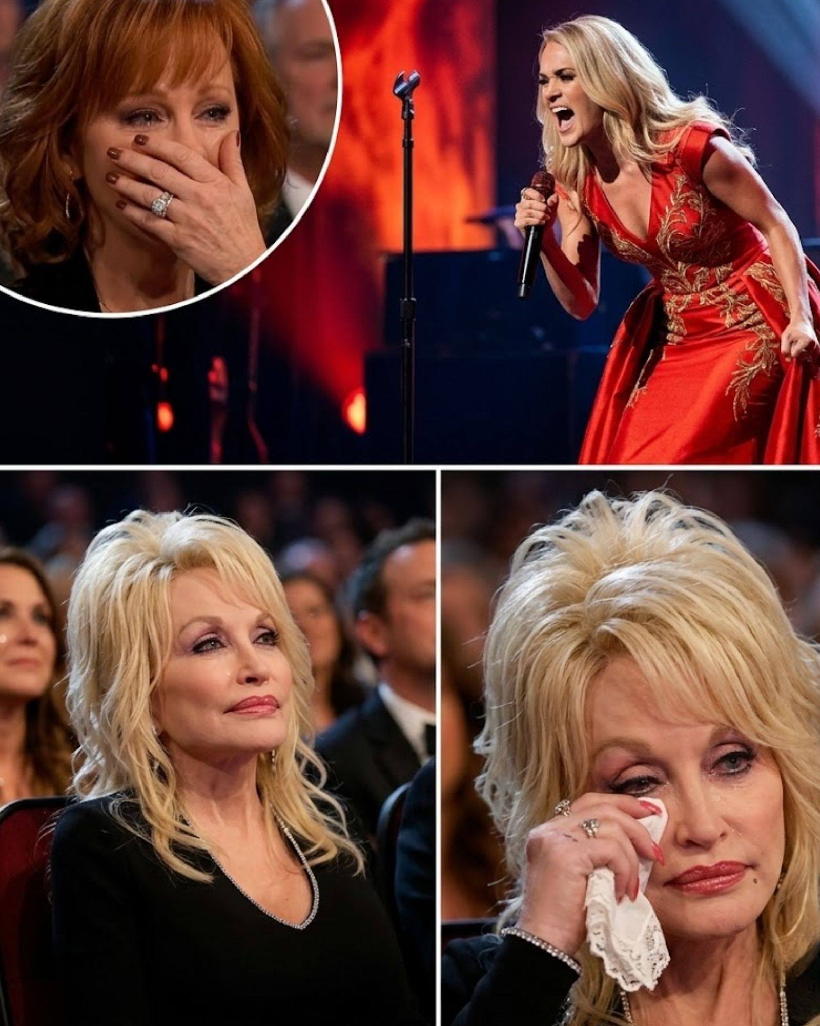 lady with red dress on song THE BLAZING AND THE EXPLOSIVE VOCALS AT THE GRAND OLE OPRY. Dolly Parton sat in the audience, completely unaware of who would be singing her legendary song, right up until 70s style dress