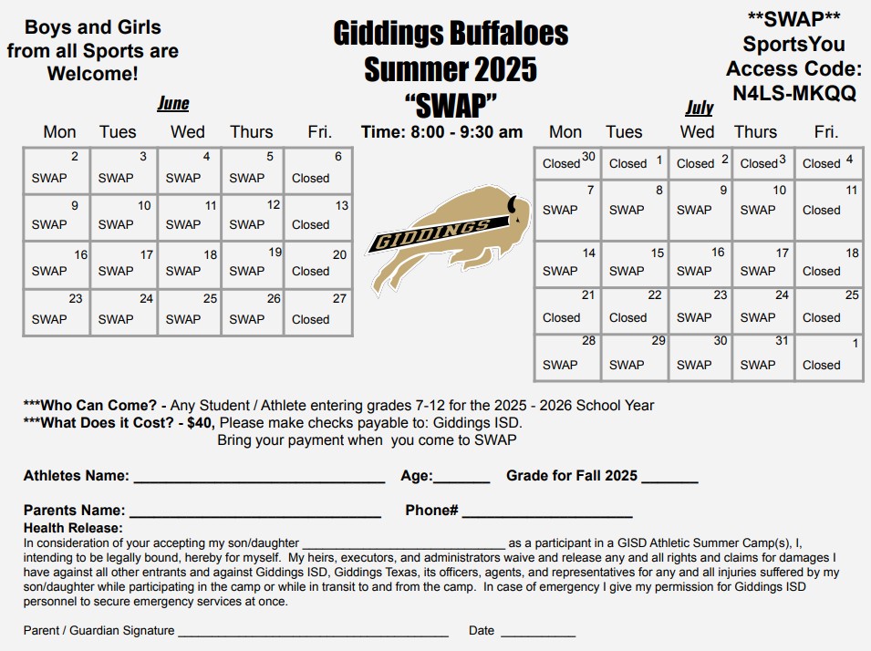 Giddings Buffaloes 2025 SWAP Form... - Giddings ISD Athletics | Facebook
