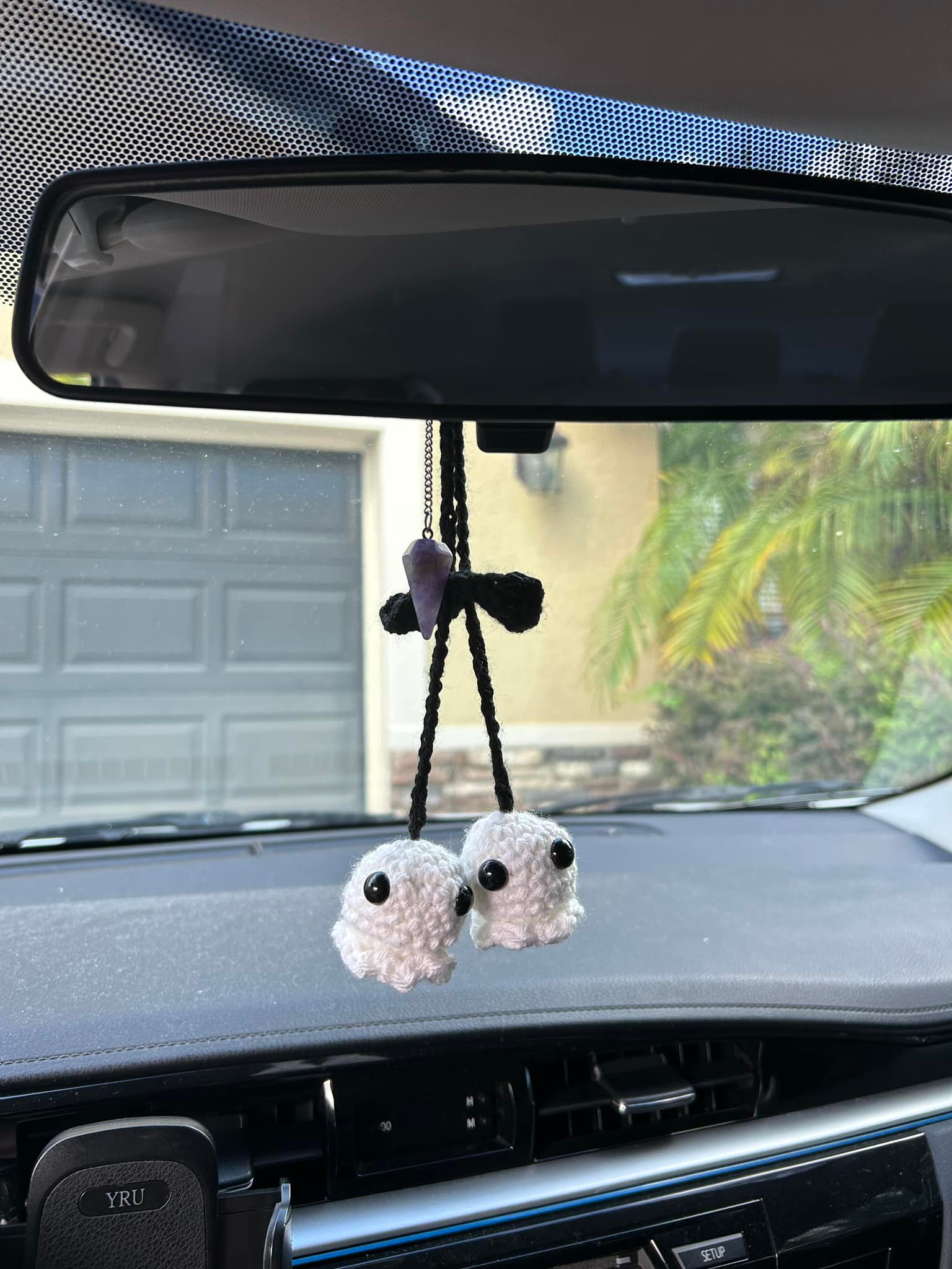 Handmade Crochet Ghost Car Charm,Black & White Knitted Rear View Mirror