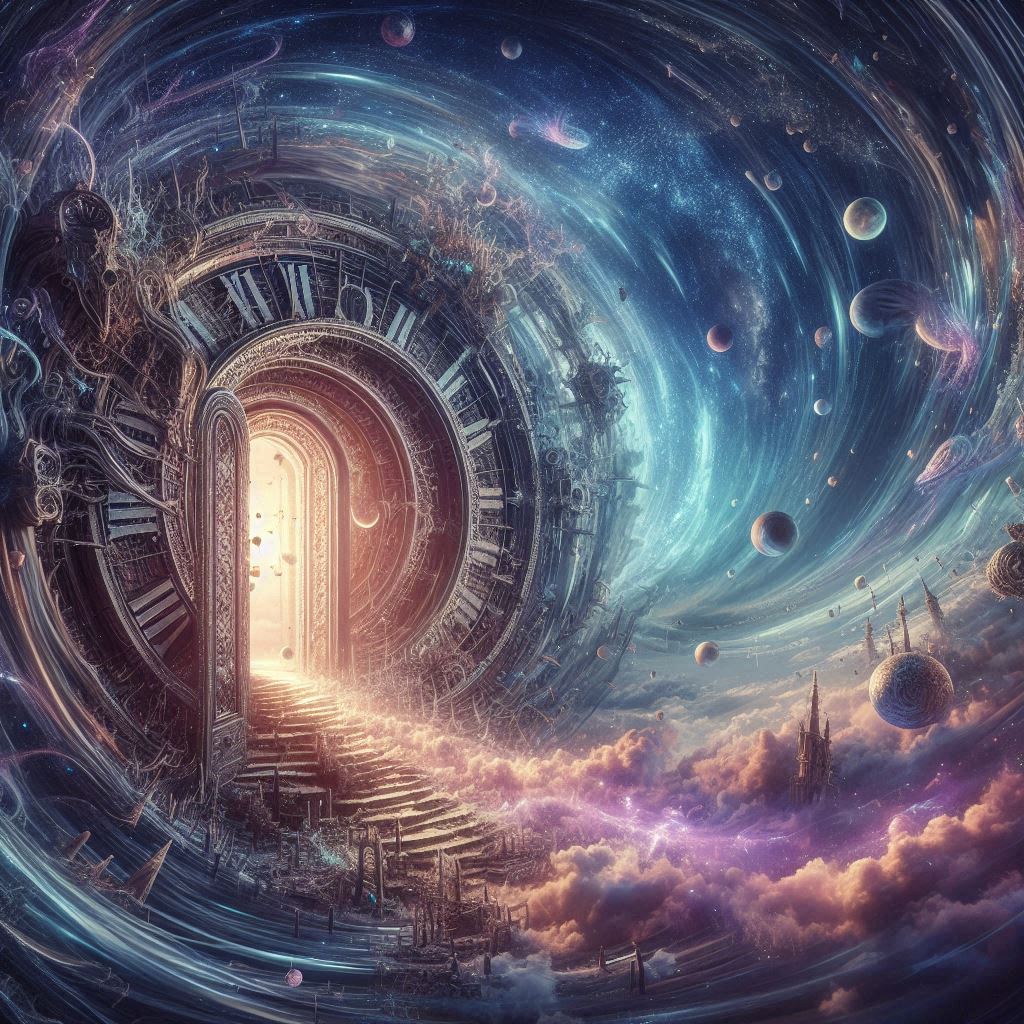 A scene where time appears to bend at a threshold, creating a