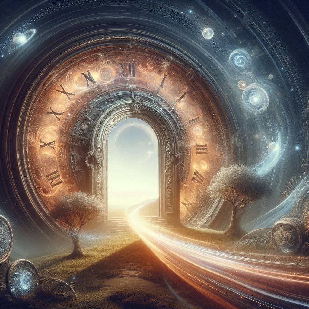 A scene where time appears to bend at a threshold, creating a
