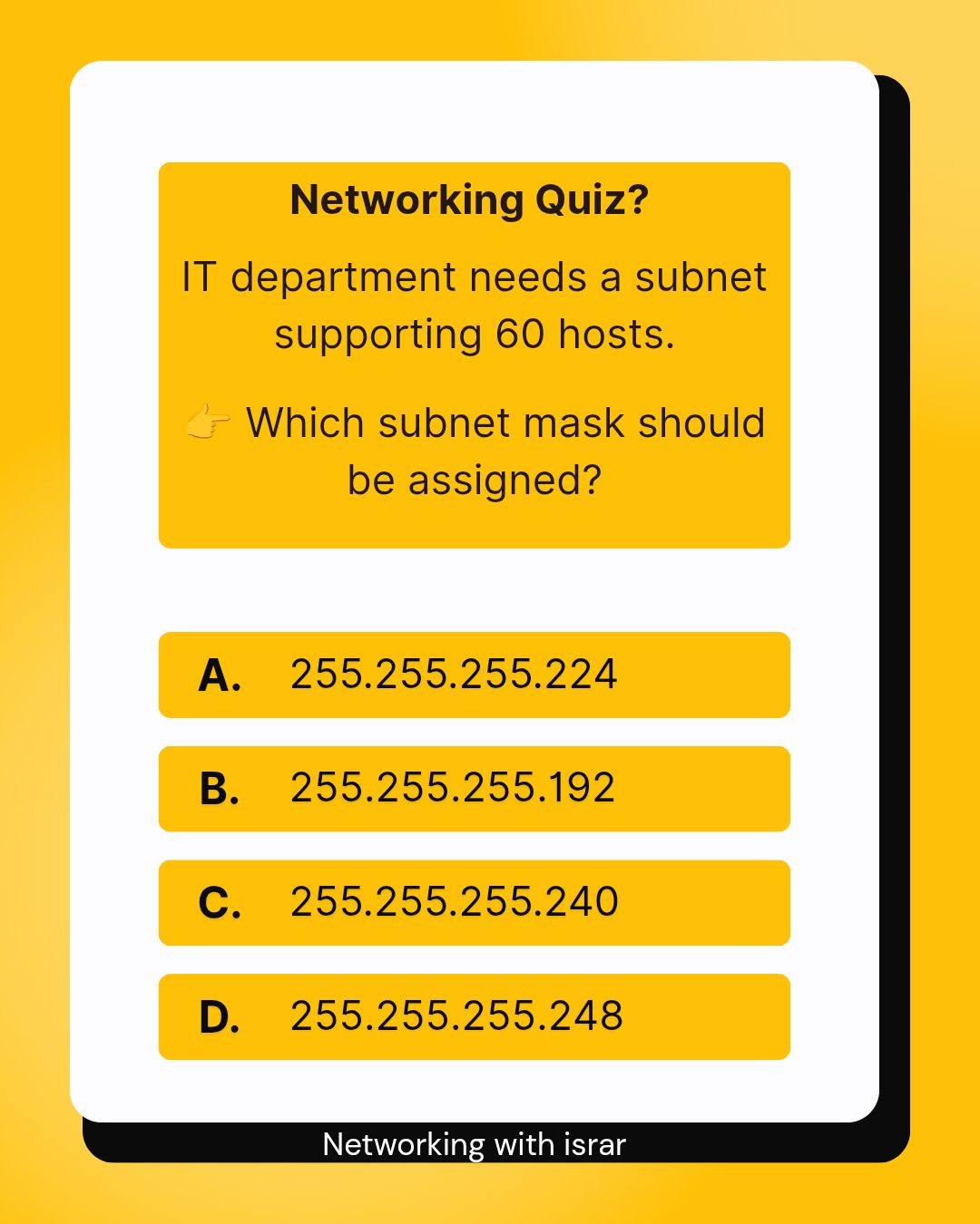 Networking - Networking Quiz? IT department needs a subnet supporting ...