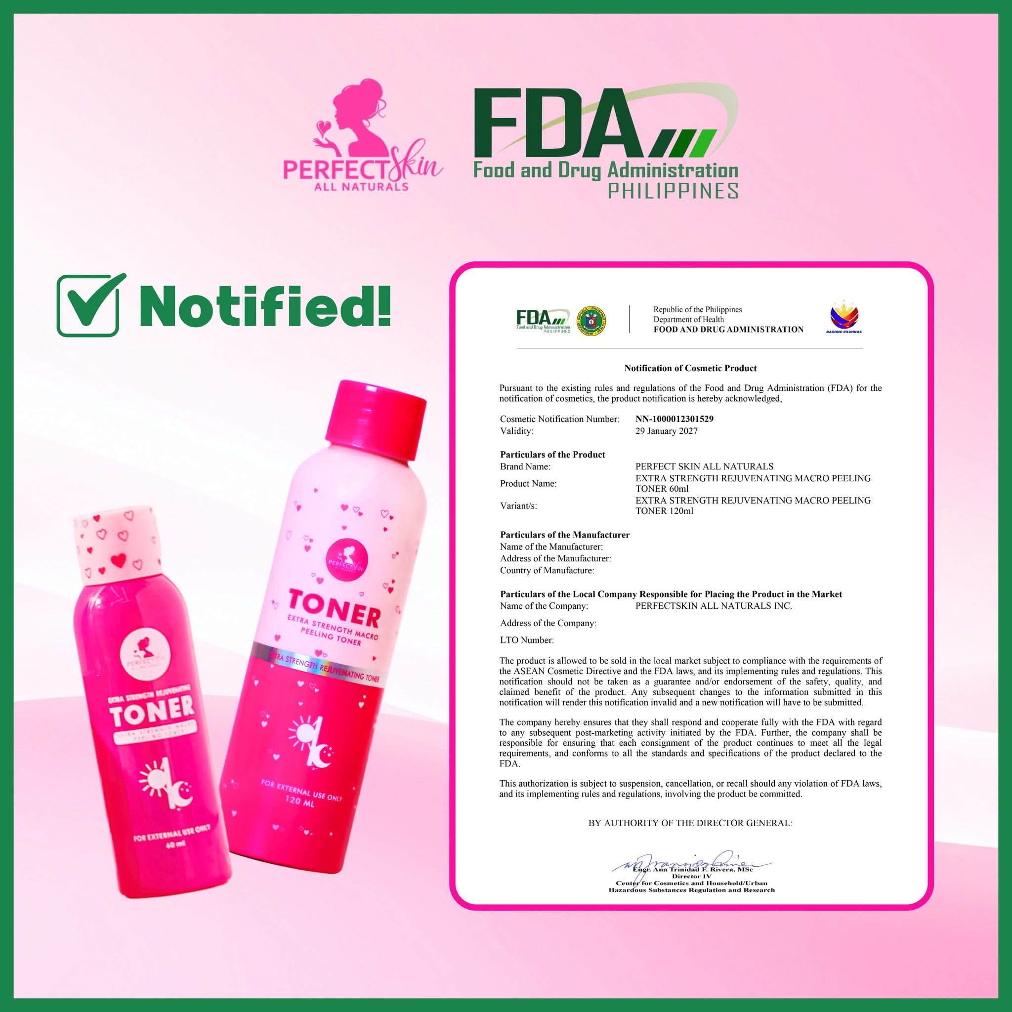 Fda approved & notified — Since 2017 we've been committed to providing our consumers safe and effective skincare products recognize & registered by the Food And Drug Administration Philippines 💯 Our ultimate
