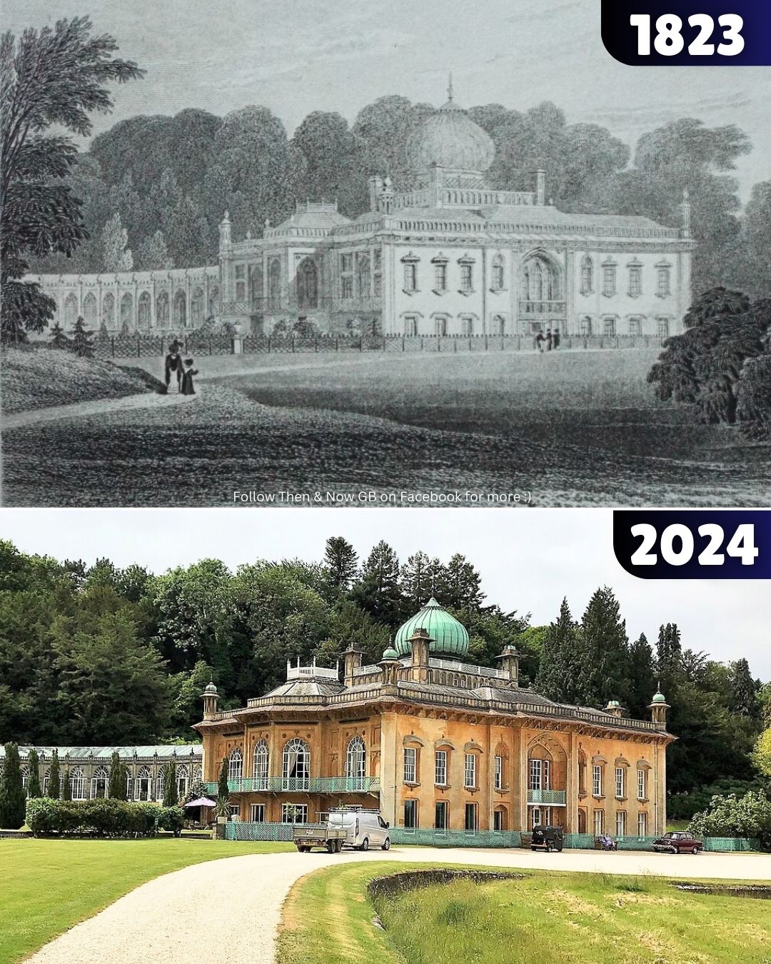 Then - Sezincote House in Gloucestershire engraved in 1823 compared to ...