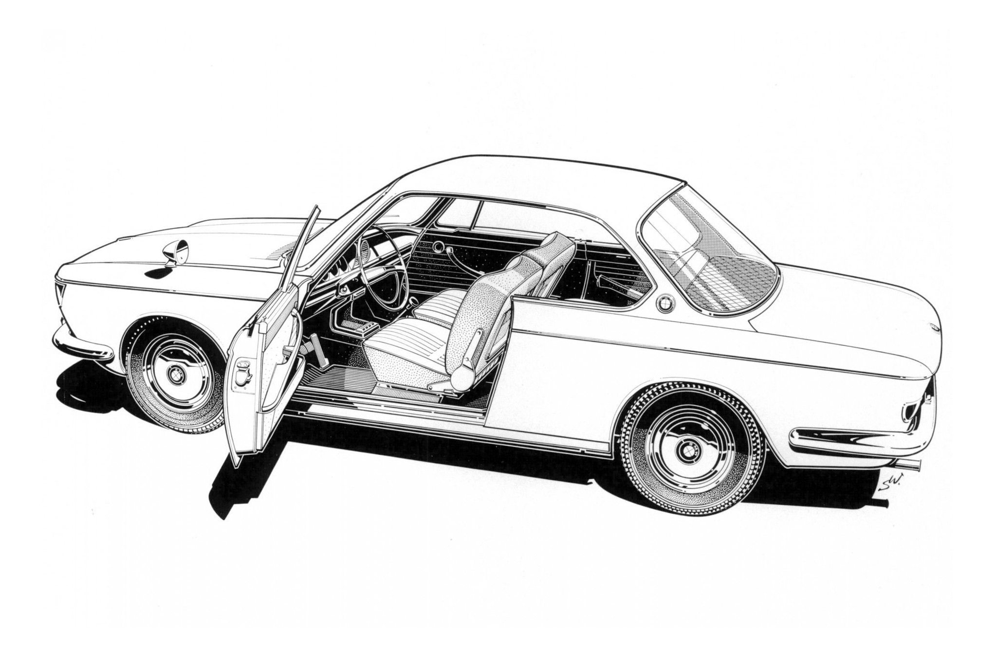 BMW 2000 CS factory illustrations by Siegfried Werner.