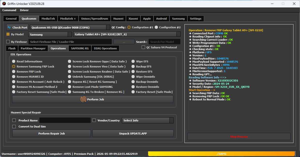 Griffin-Unlocker - Successful Operation: Remove FRP Galaxy Tablet A9 ...