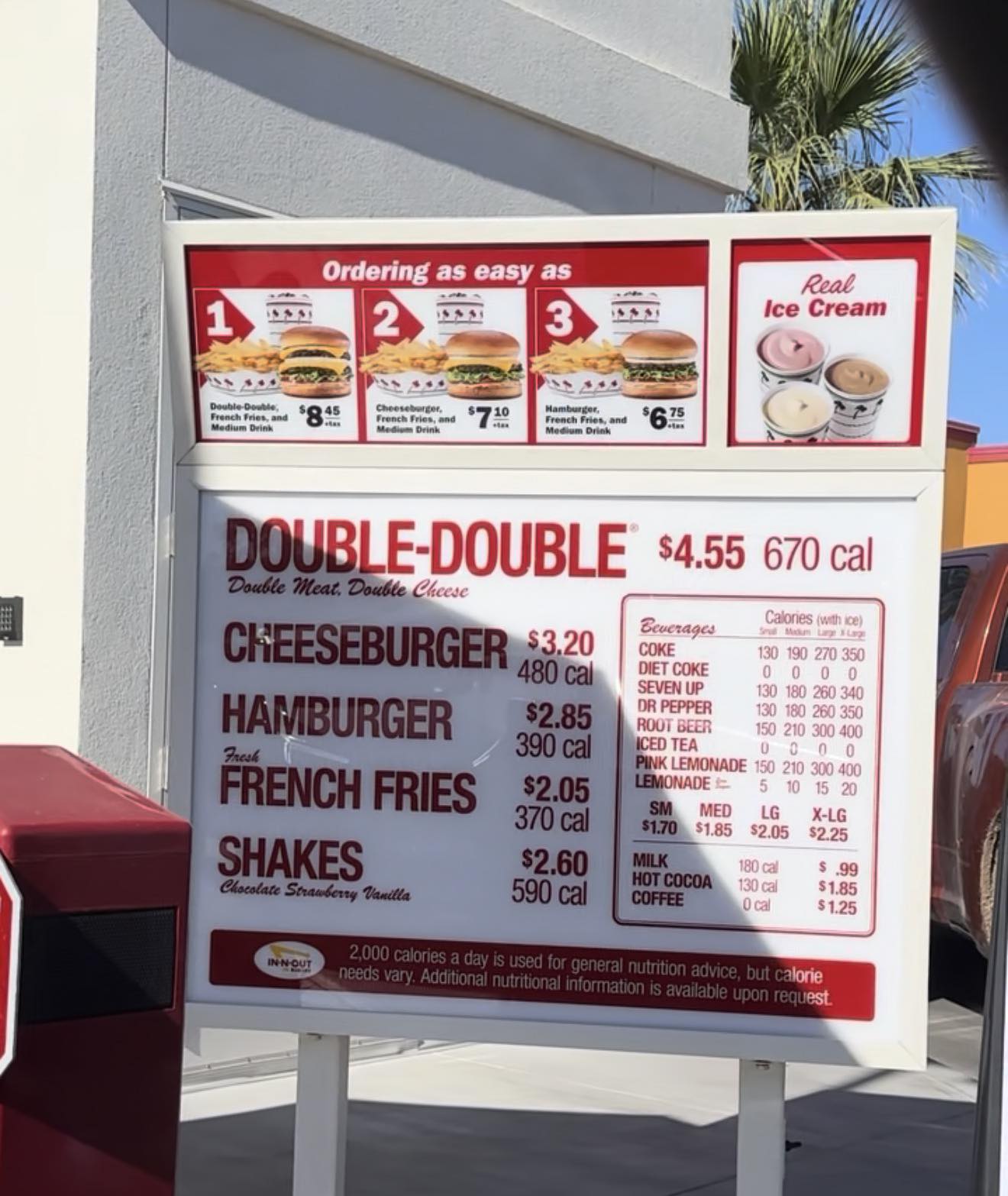 Super ultra mega rare photo of In-N-Out Burger prices and calories