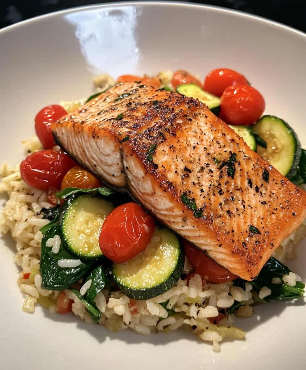 Recipes - Pan-Seared Salmon on Garlic Veggie Rice Bowl🧄🔥 This colorful ...