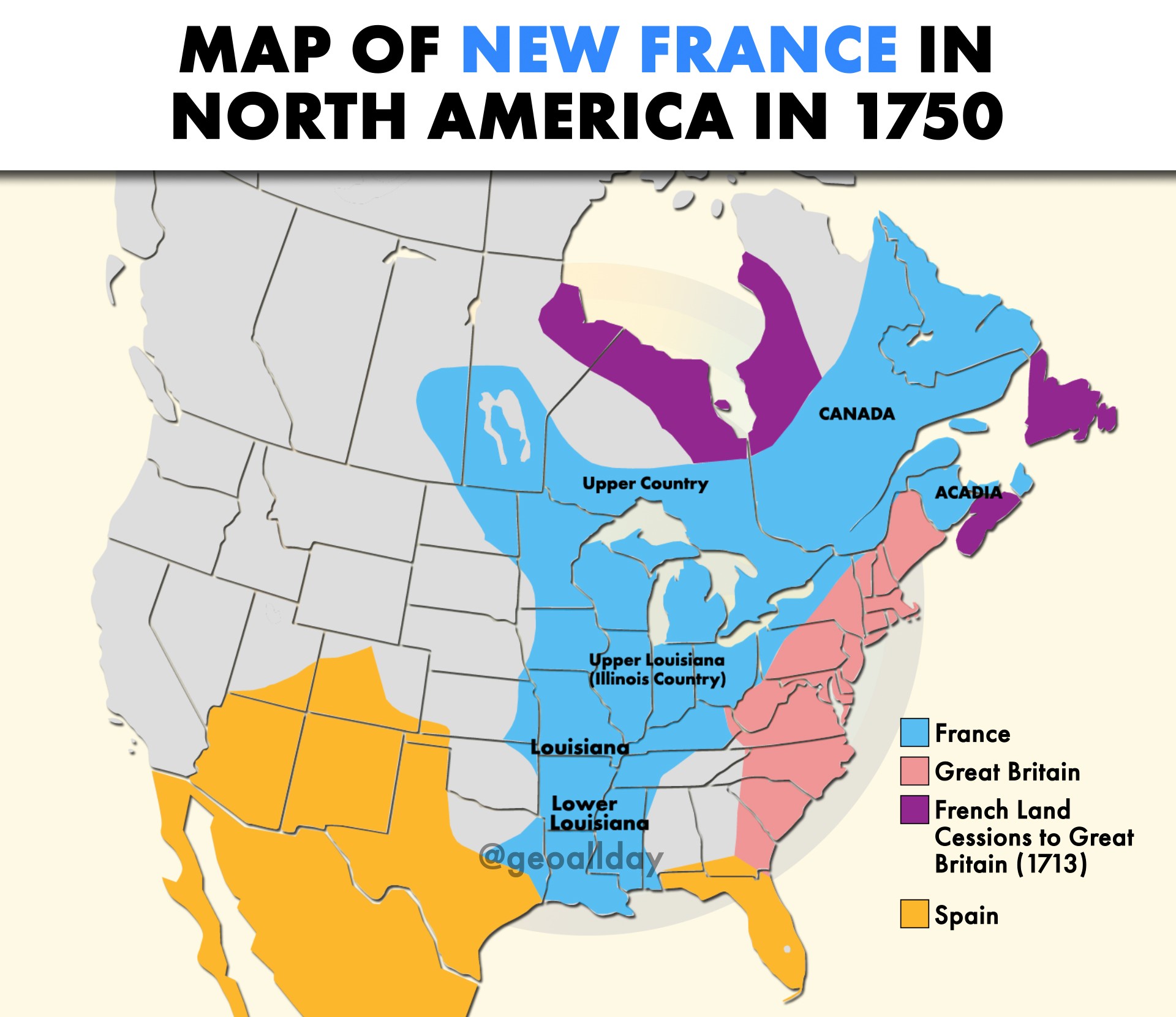 A map showing the vast extent of New France in North America 