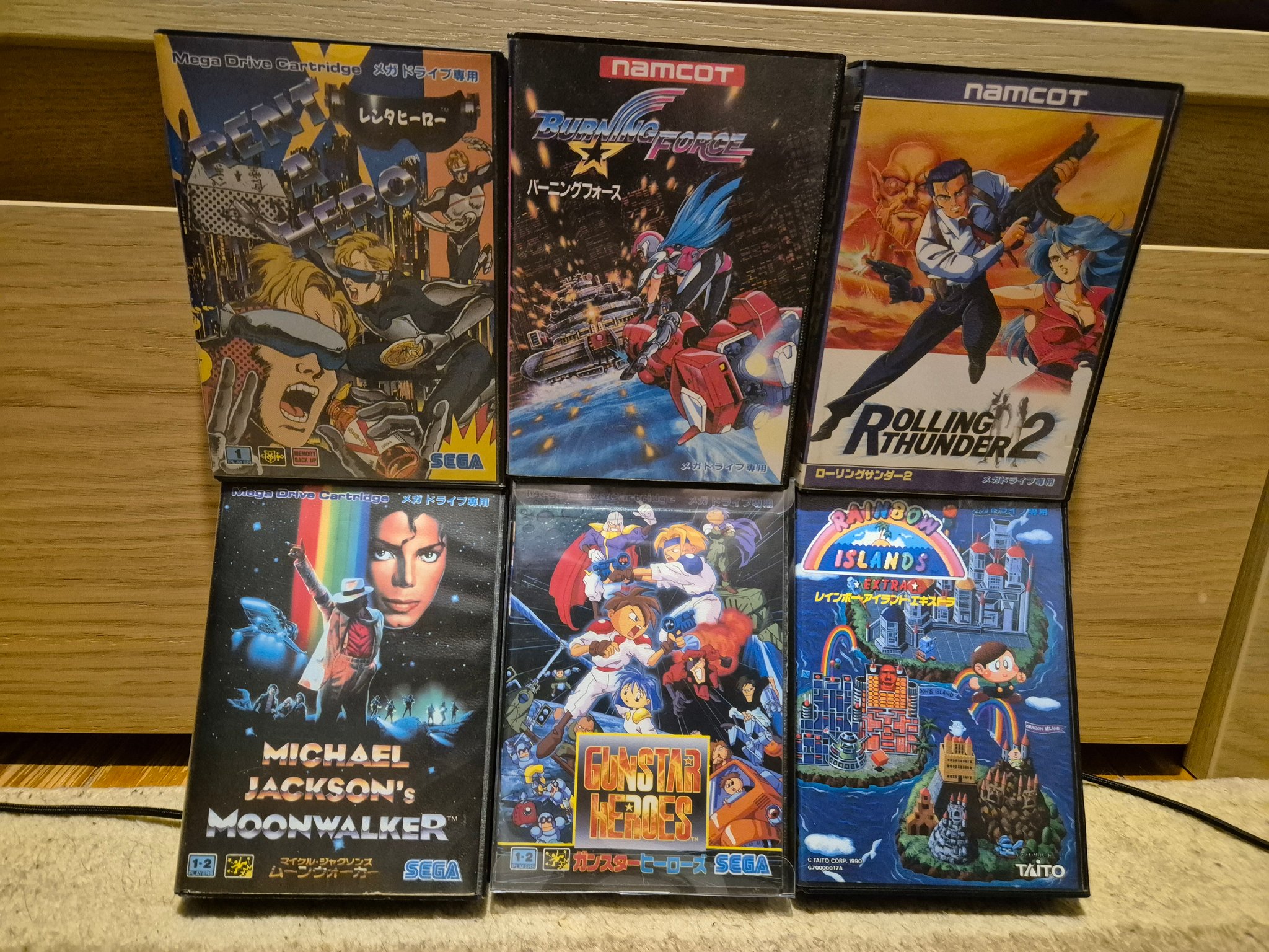 A shelf of used Sega Mega Drive games in Japan! Recognize any titles?