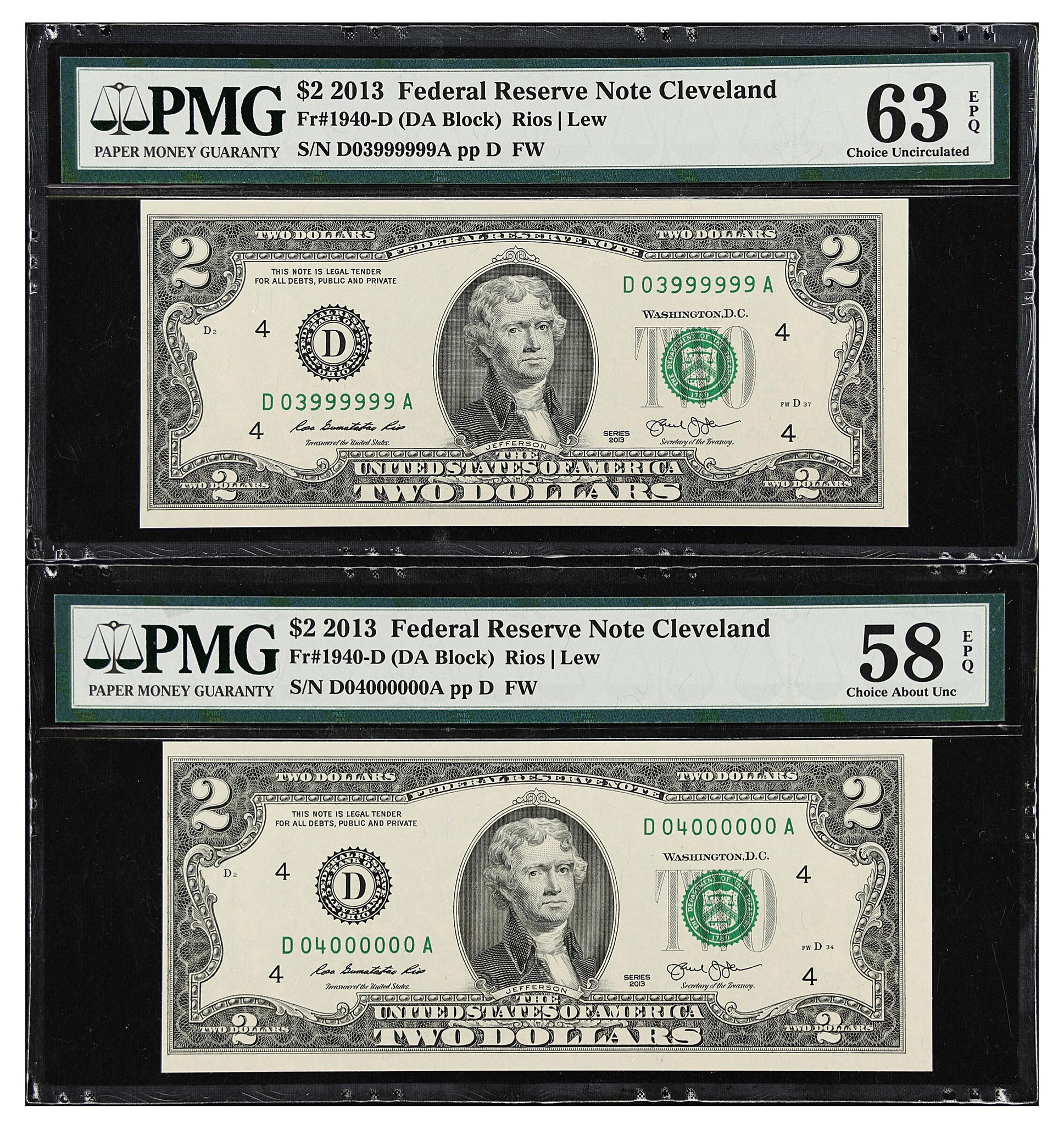 Coin - Ultra-Rare Matched Pair Solid 9’s & Solid 0’s $2 Notes A ...