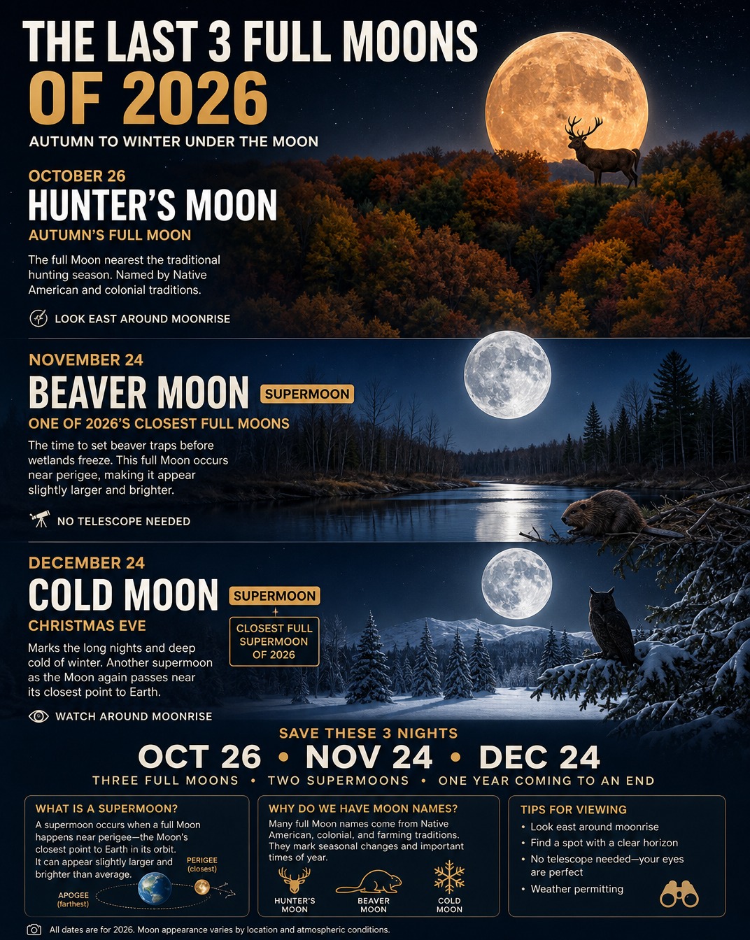 Last 3 full moons of 2026 dates and supermoons
