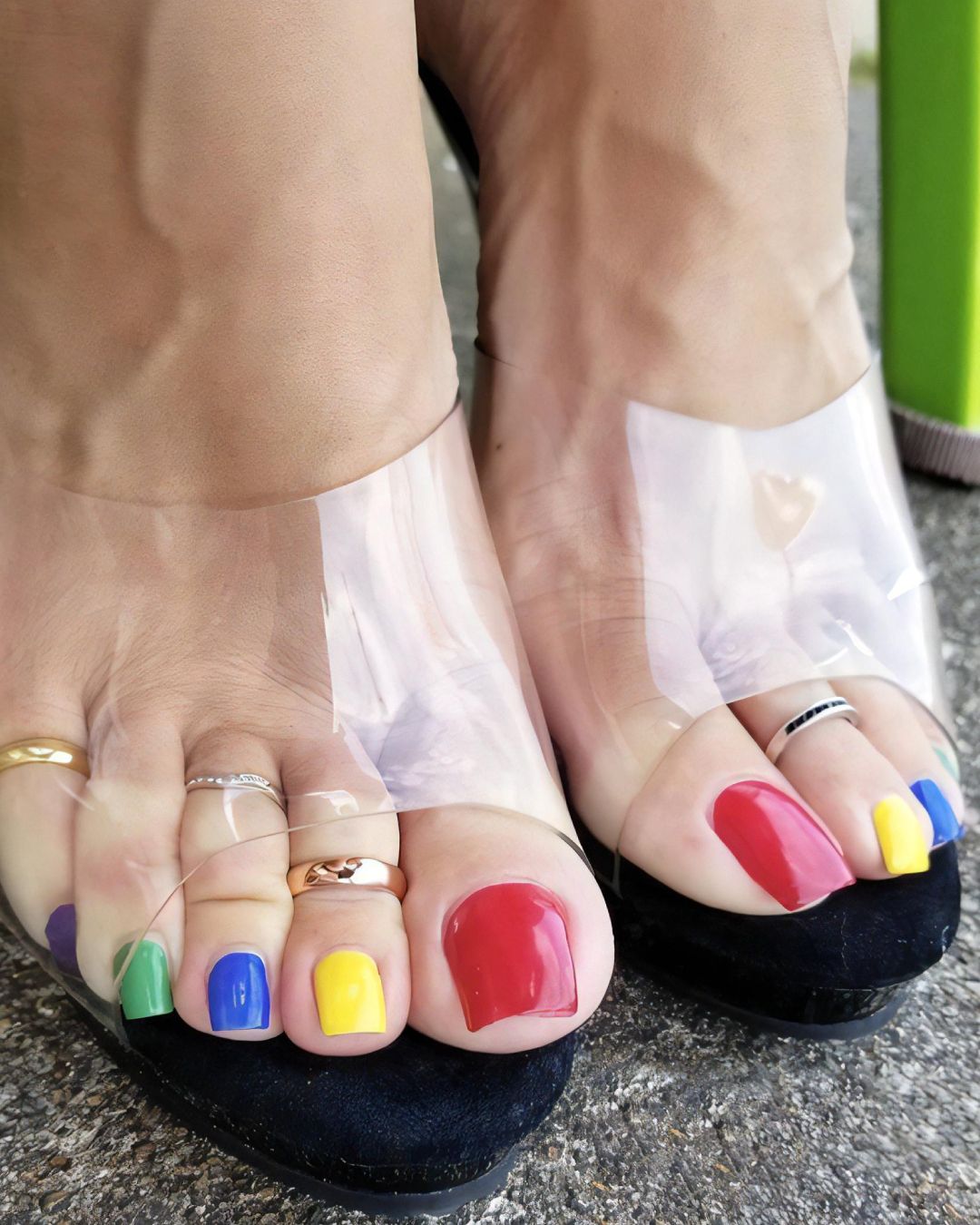 Neo - The vibrant rainbow toes pop in clear heels! Red, yellow, blue ...