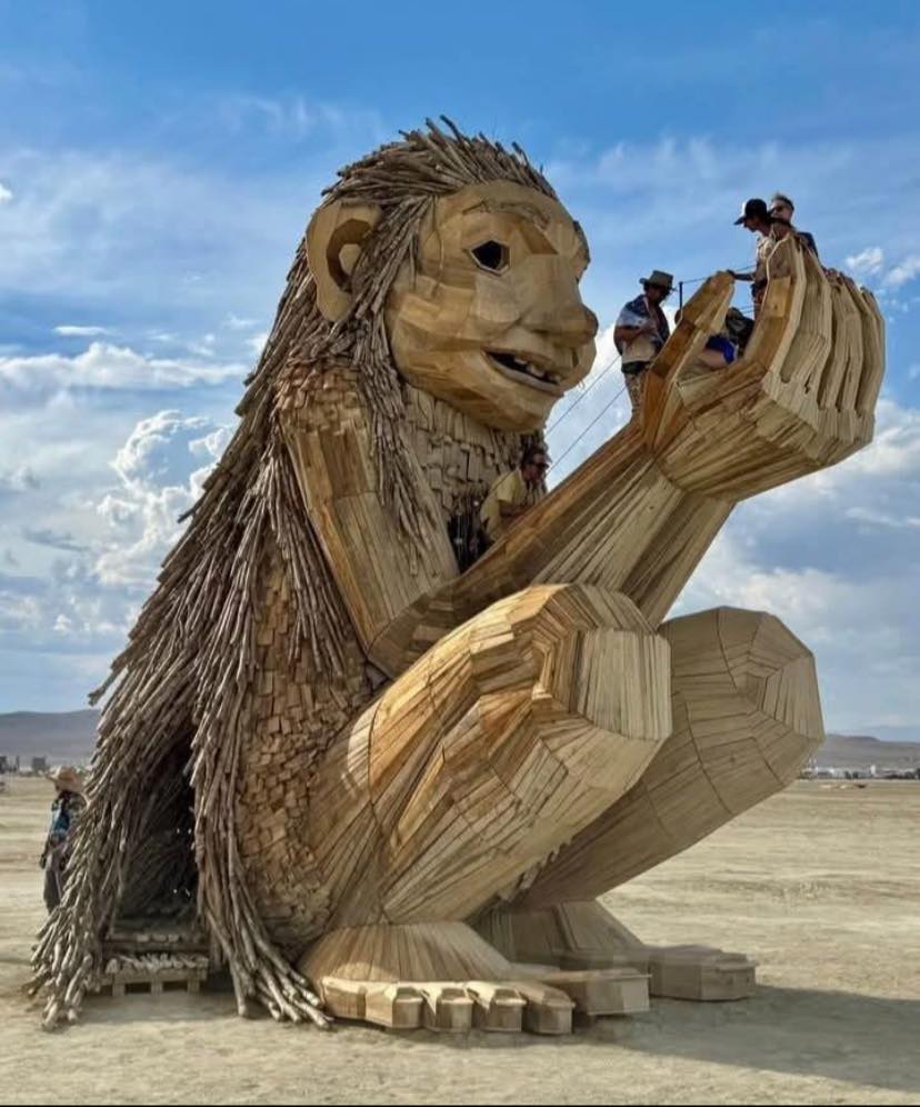 The recycled wooden sculpture, now lounging in Rendezvous Park in