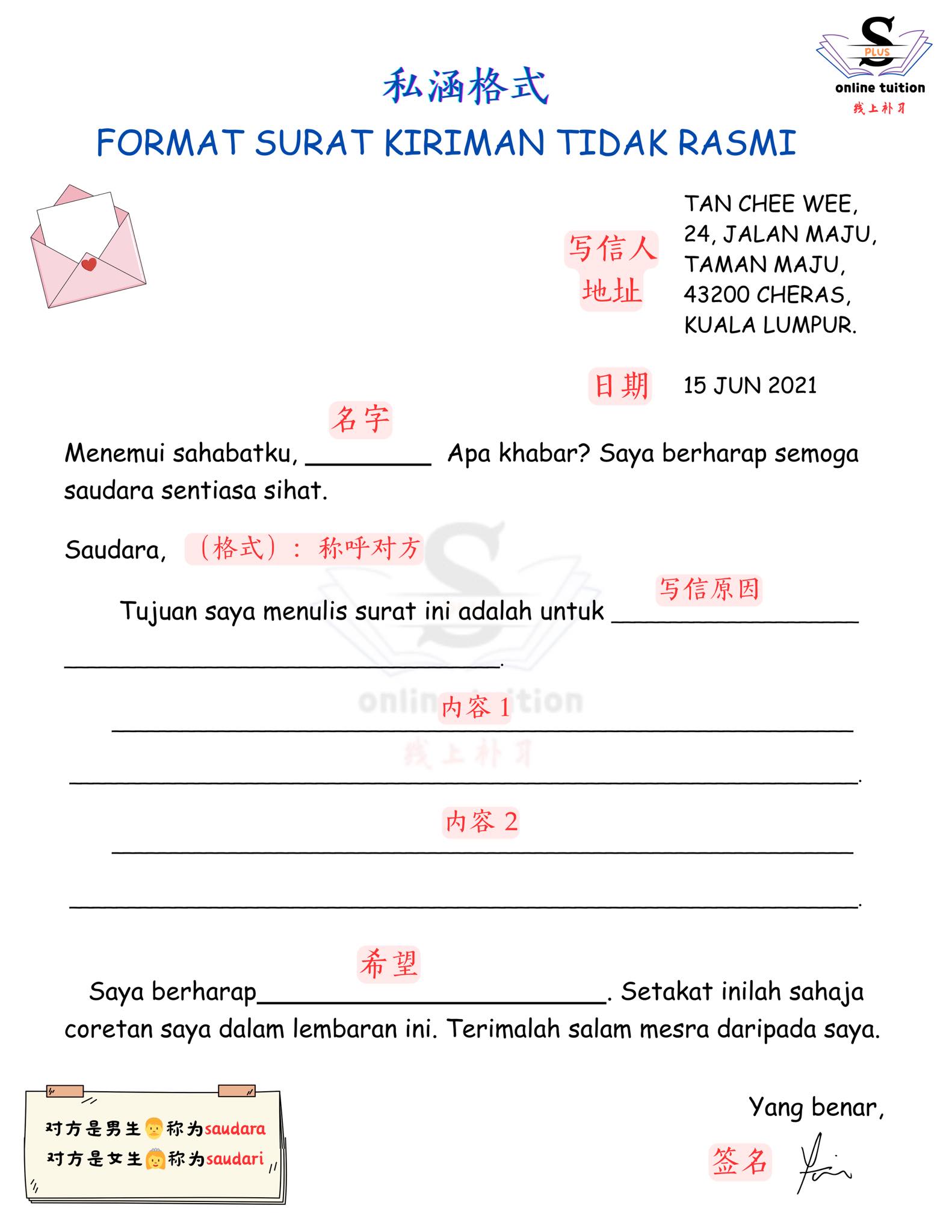 📮 私函写作格式教学 ️ FORMAT SURAT KIRIMAN... - S PLUS Online Tuition | Facebook