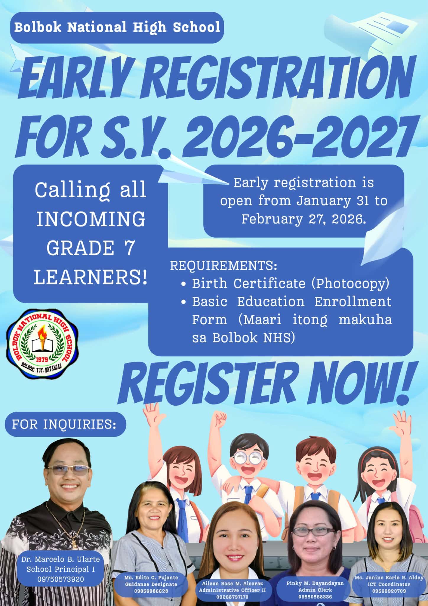 Bolbok - 📣 EARLY REGISTRATION FOR S.Y. 2026–2027 IS NOW OPEN! Bolbok ...